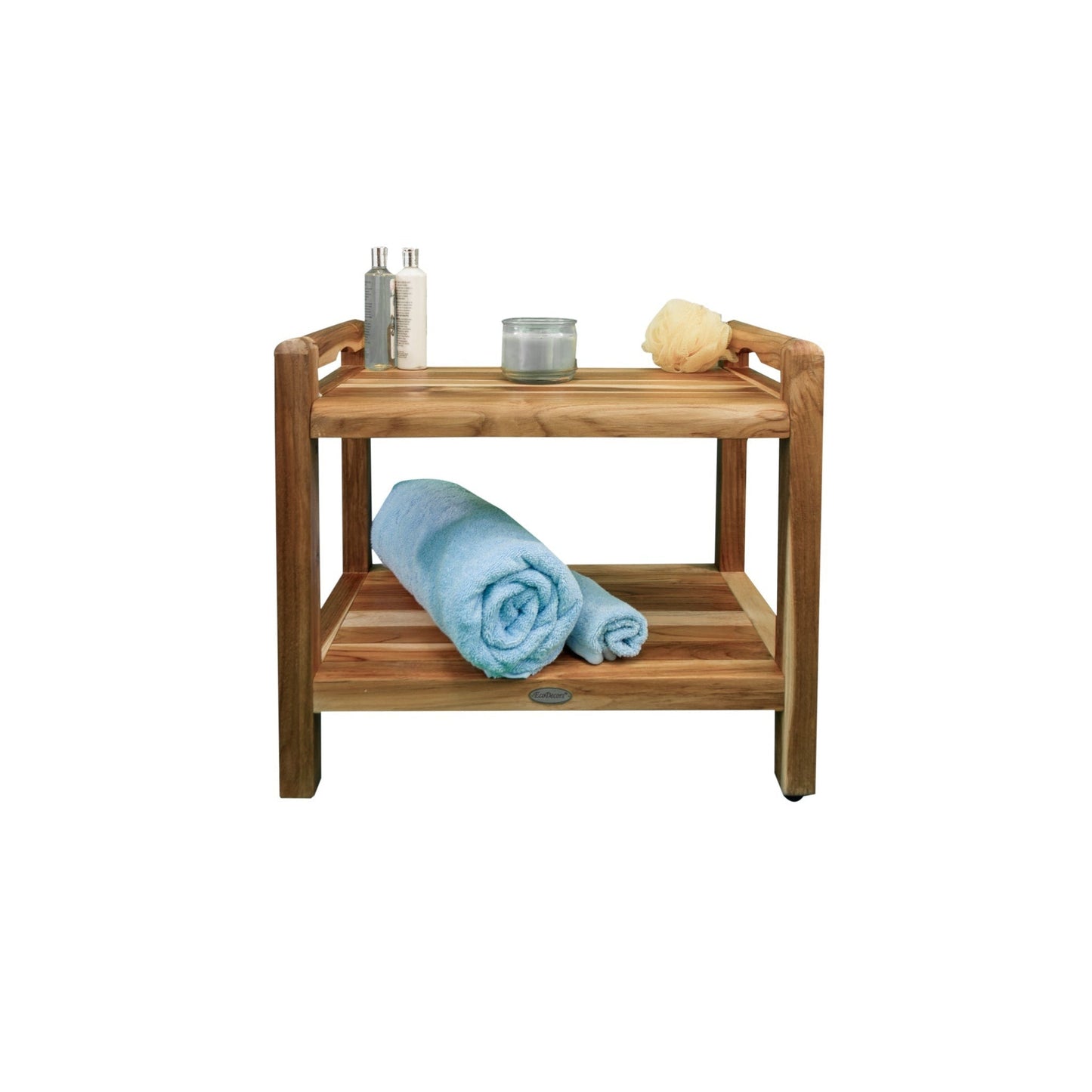 EcoDecors Eleganto 24" EarthyTeak Solid Teak Wood Shower Bench With LiftAide Arms and Shelf