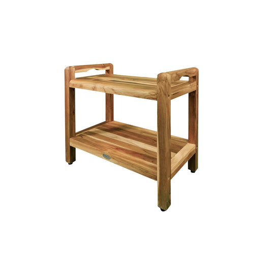 EcoDecors Eleganto 24" EarthyTeak Solid Teak Wood Shower Bench With LiftAide Arms and Shelf