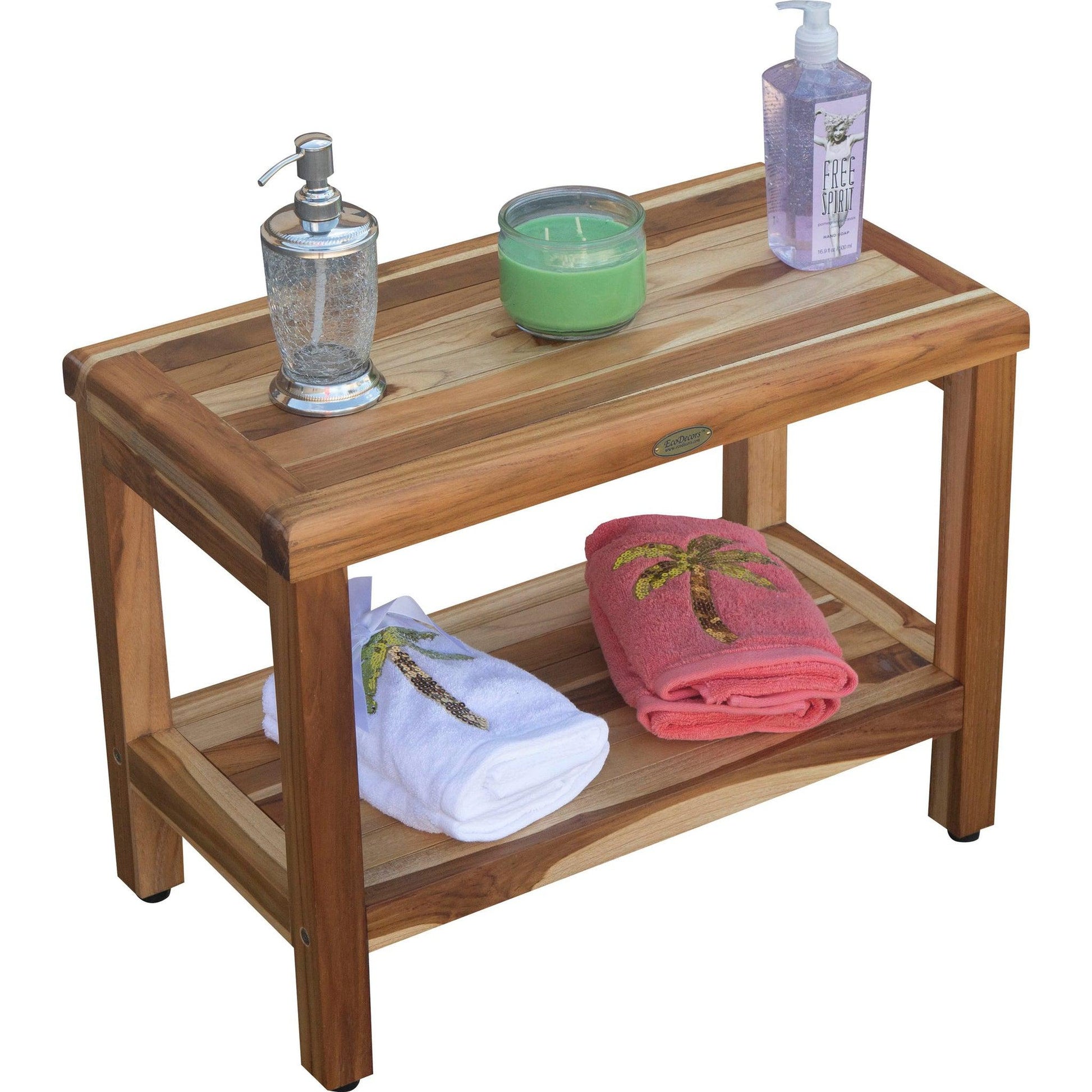 EcoDecors Eleganto 24" EarthyTeak Solid Teak Wood Shower Bench With Shelf