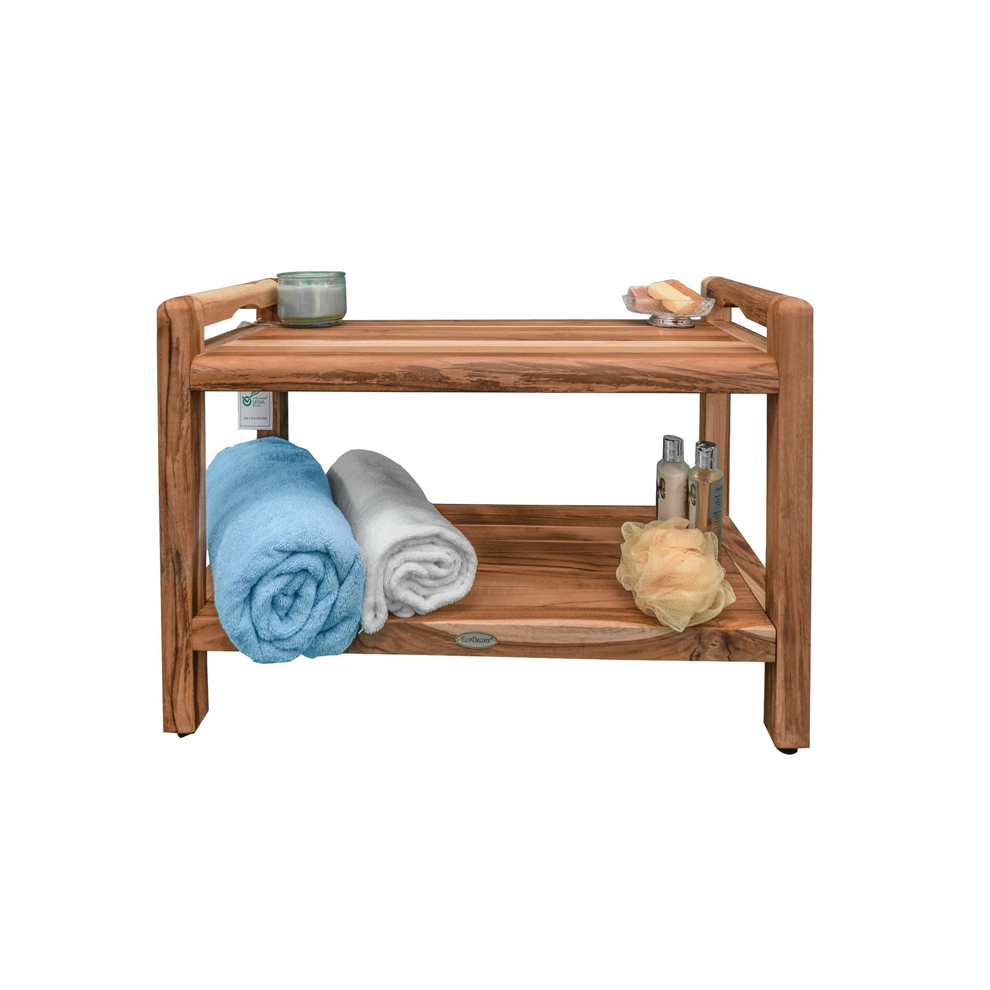 EcoDecors Eleganto 29" EarthyTeak Solid Teak Wood Shower Bench With LiftAide Arms and Shelf