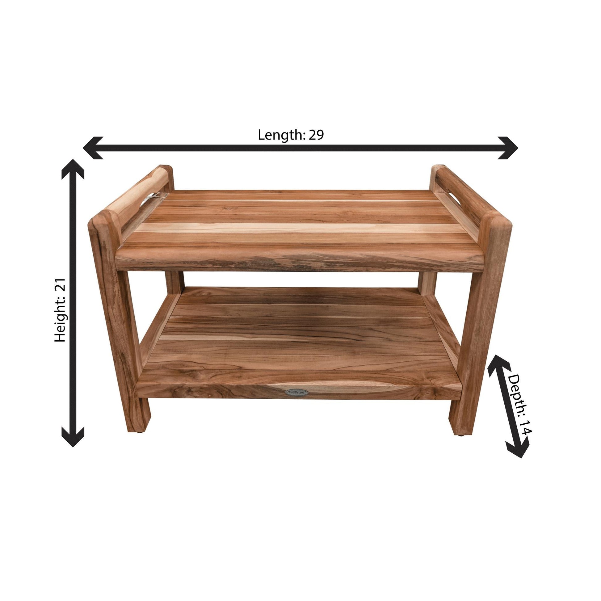 EcoDecors Eleganto 29" EarthyTeak Solid Teak Wood Shower Bench With LiftAide Arms and Shelf