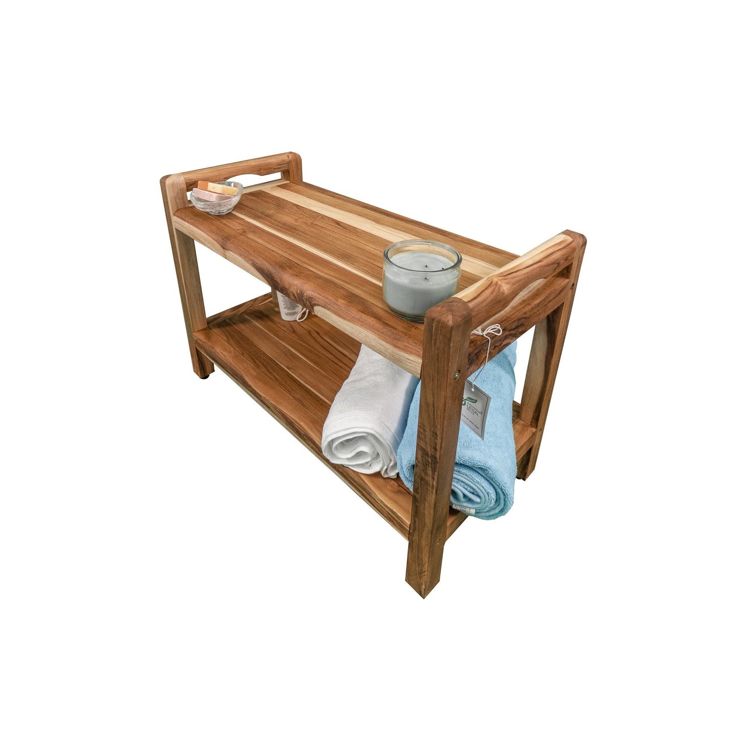 EcoDecors Eleganto 29" EarthyTeak Solid Teak Wood Shower Bench With LiftAide Arms and Shelf