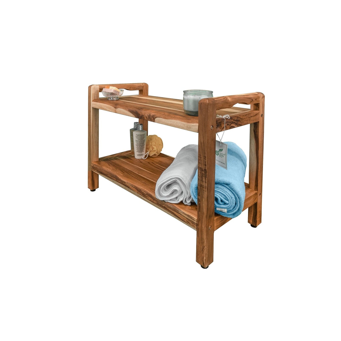 EcoDecors Eleganto 29" EarthyTeak Solid Teak Wood Shower Bench With LiftAide Arms and Shelf