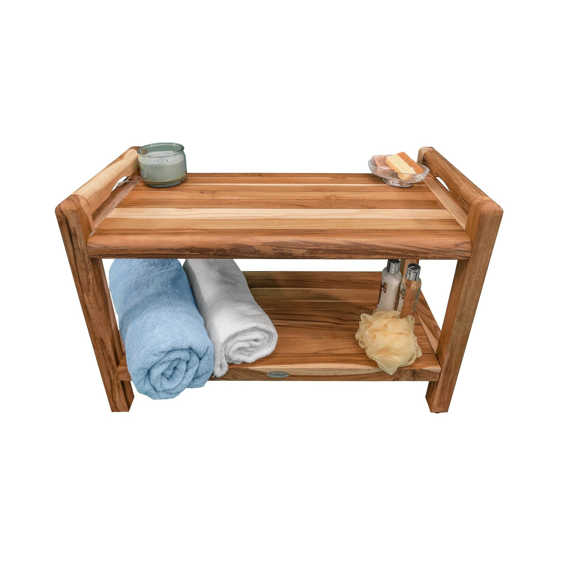 EcoDecors Eleganto 29" EarthyTeak Solid Teak Wood Shower Bench With LiftAide Arms and Shelf