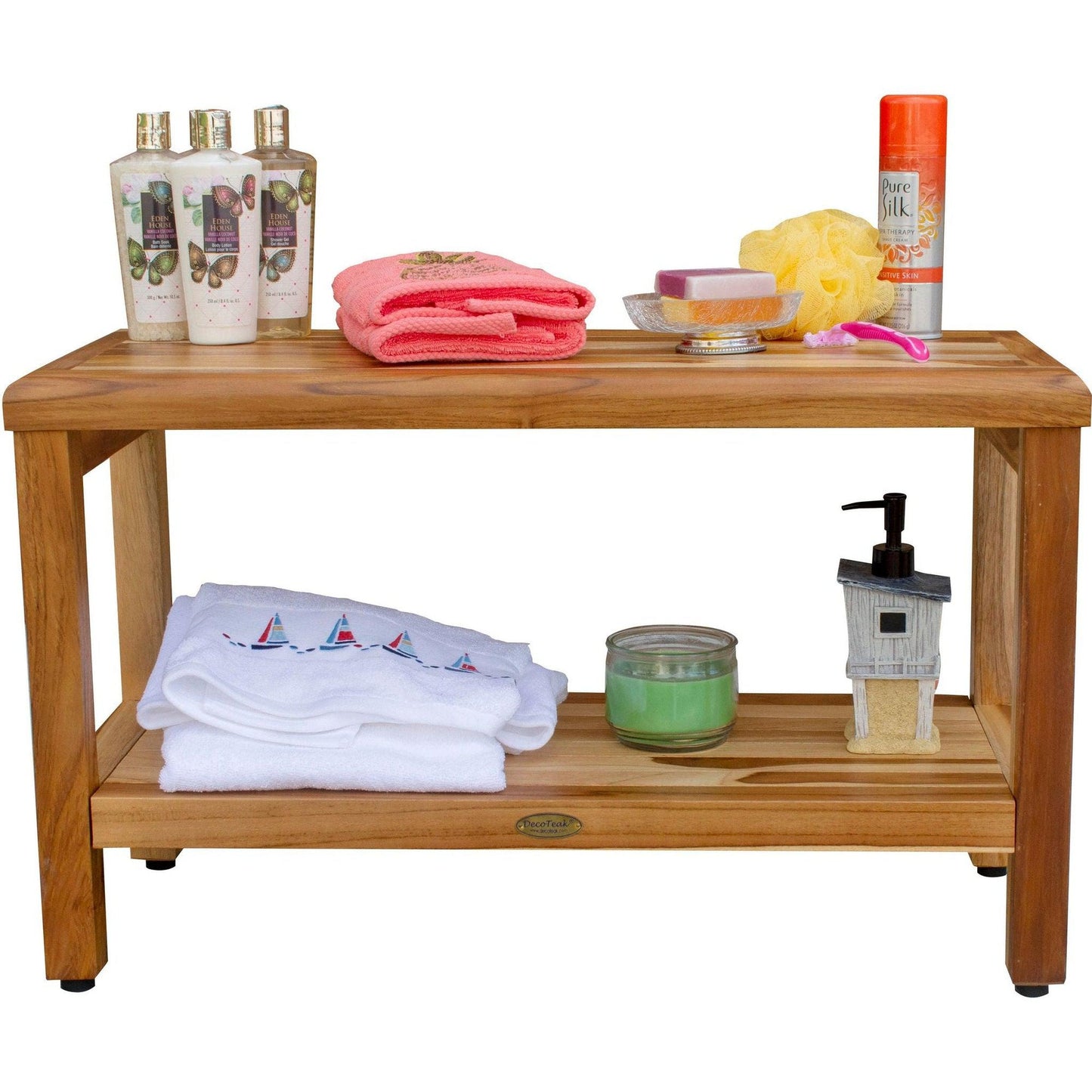 EcoDecors Eleganto 30" EarthyTeak Solid Teak Wood Shower Bench With Shelf