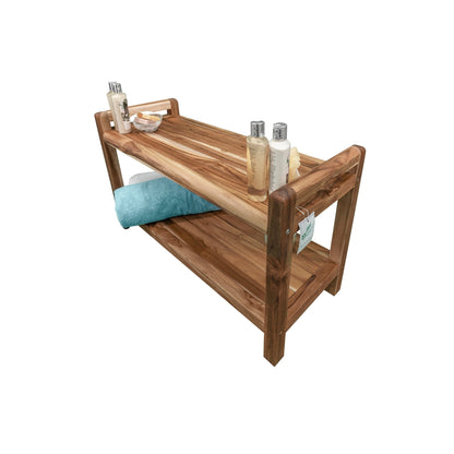 EcoDecors Eleganto 35" EarthyTeak Solid Teak Wood Shower Bench With LiftAide Arms and Shelf