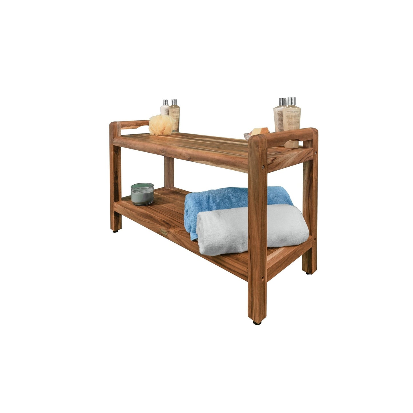 EcoDecors Eleganto 35" EarthyTeak Solid Teak Wood Shower Bench With LiftAide Arms and Shelf