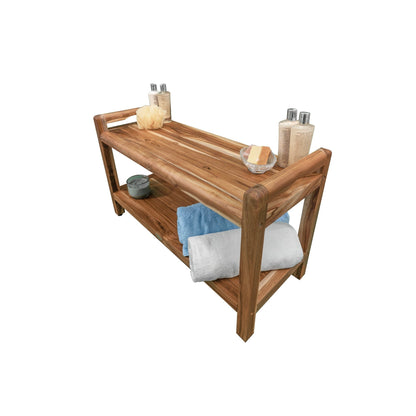 EcoDecors Eleganto 35" EarthyTeak Solid Teak Wood Shower Bench With LiftAide Arms and Shelf