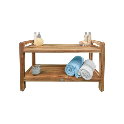 EcoDecors Eleganto 35" EarthyTeak Solid Teak Wood Shower Bench With LiftAide Arms and Shelf