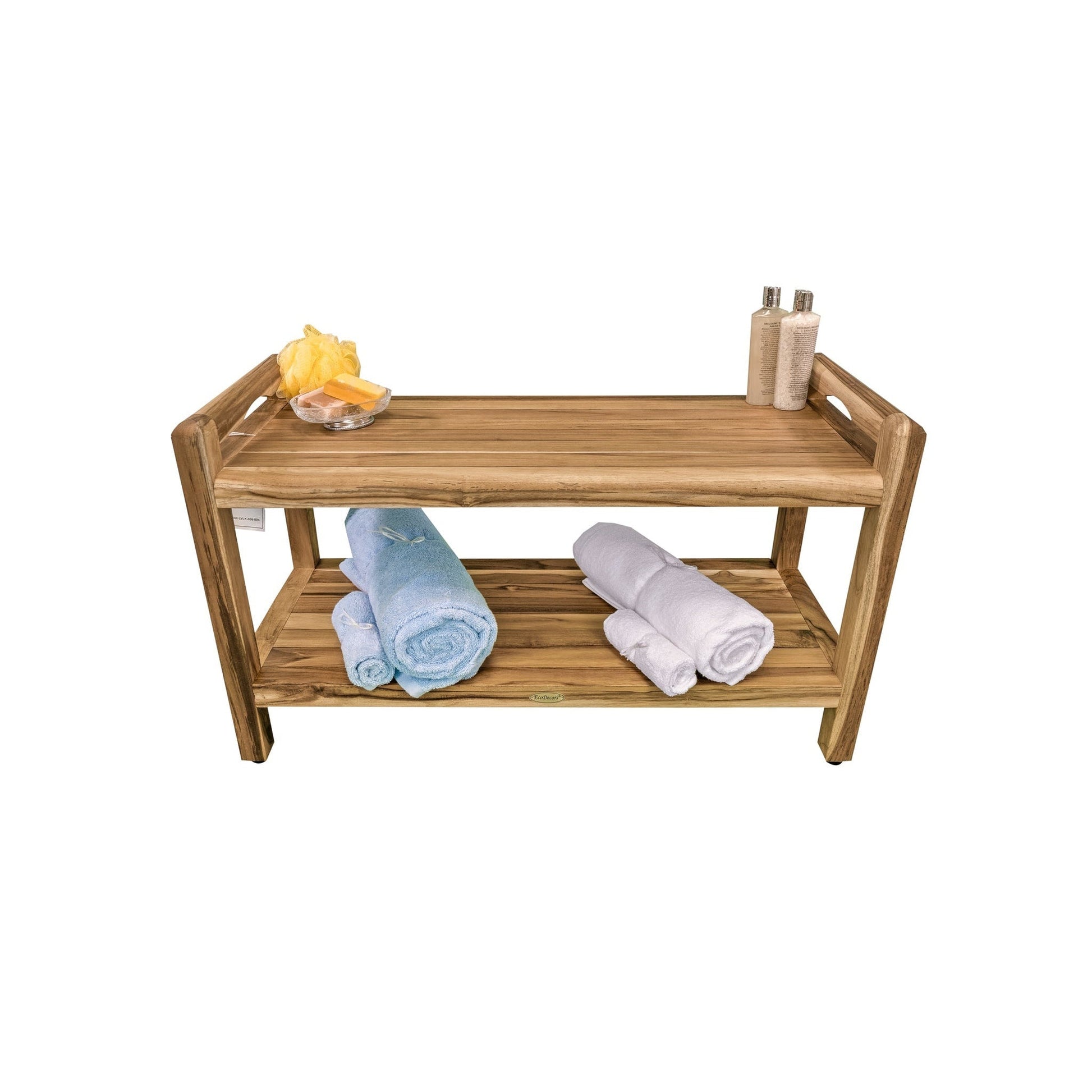 EcoDecors Eleganto 35" EarthyTeak Solid Teak Wood Shower Bench With LiftAide Arms and Shelf