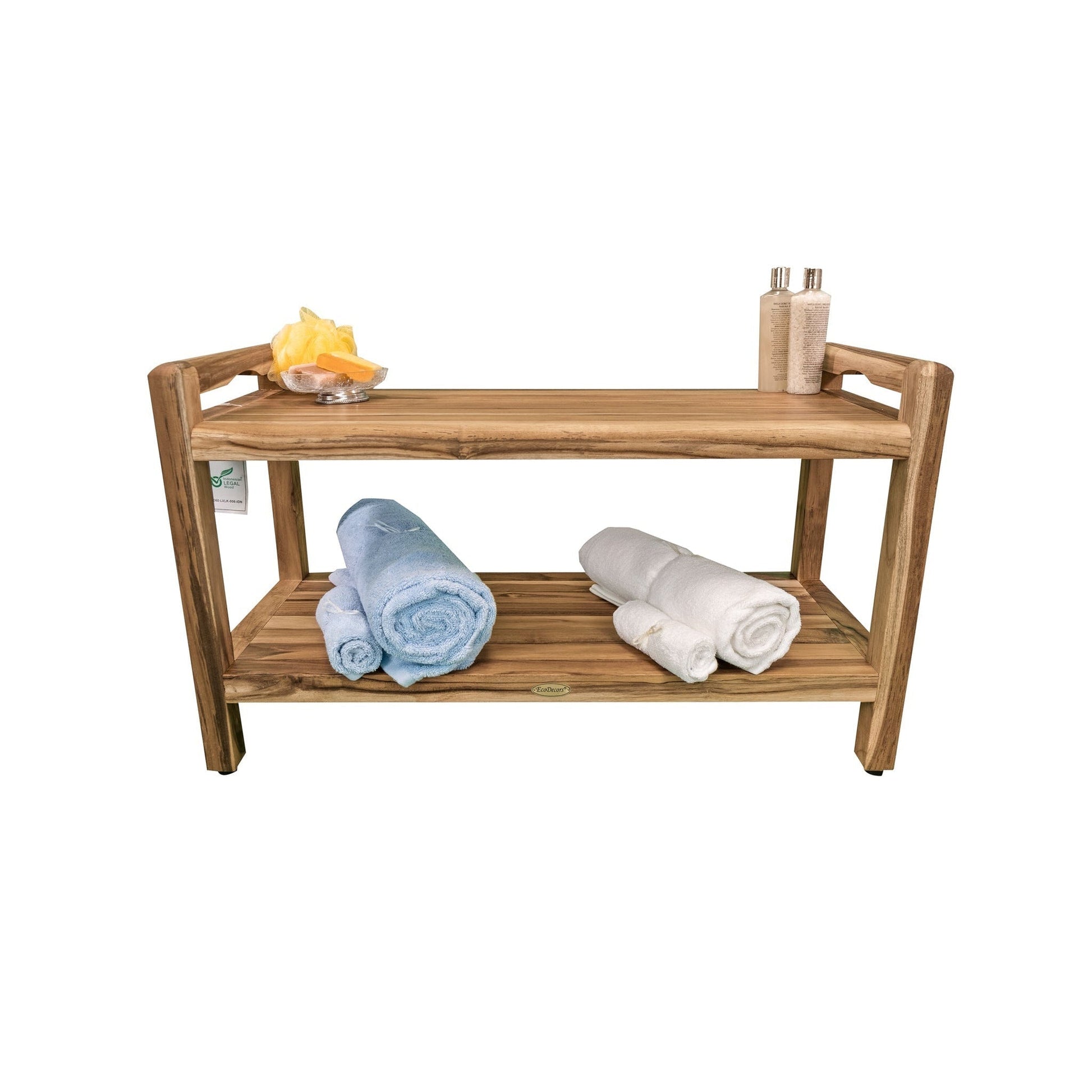 EcoDecors Eleganto 35" EarthyTeak Solid Teak Wood Shower Bench With LiftAide Arms and Shelf