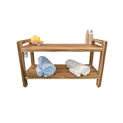 EcoDecors Eleganto 35" EarthyTeak Solid Teak Wood Shower Bench With LiftAide Arms and Shelf