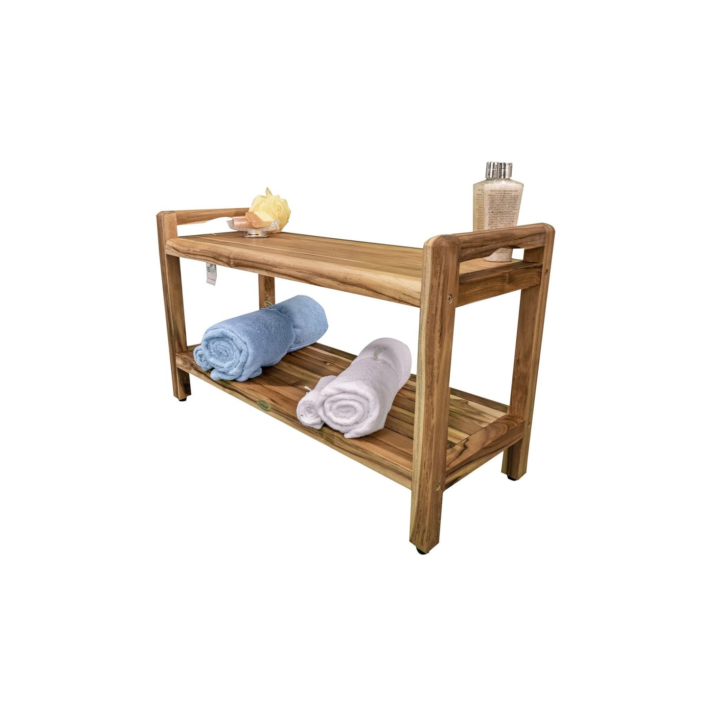 EcoDecors Eleganto 35" EarthyTeak Solid Teak Wood Shower Bench With LiftAide Arms and Shelf