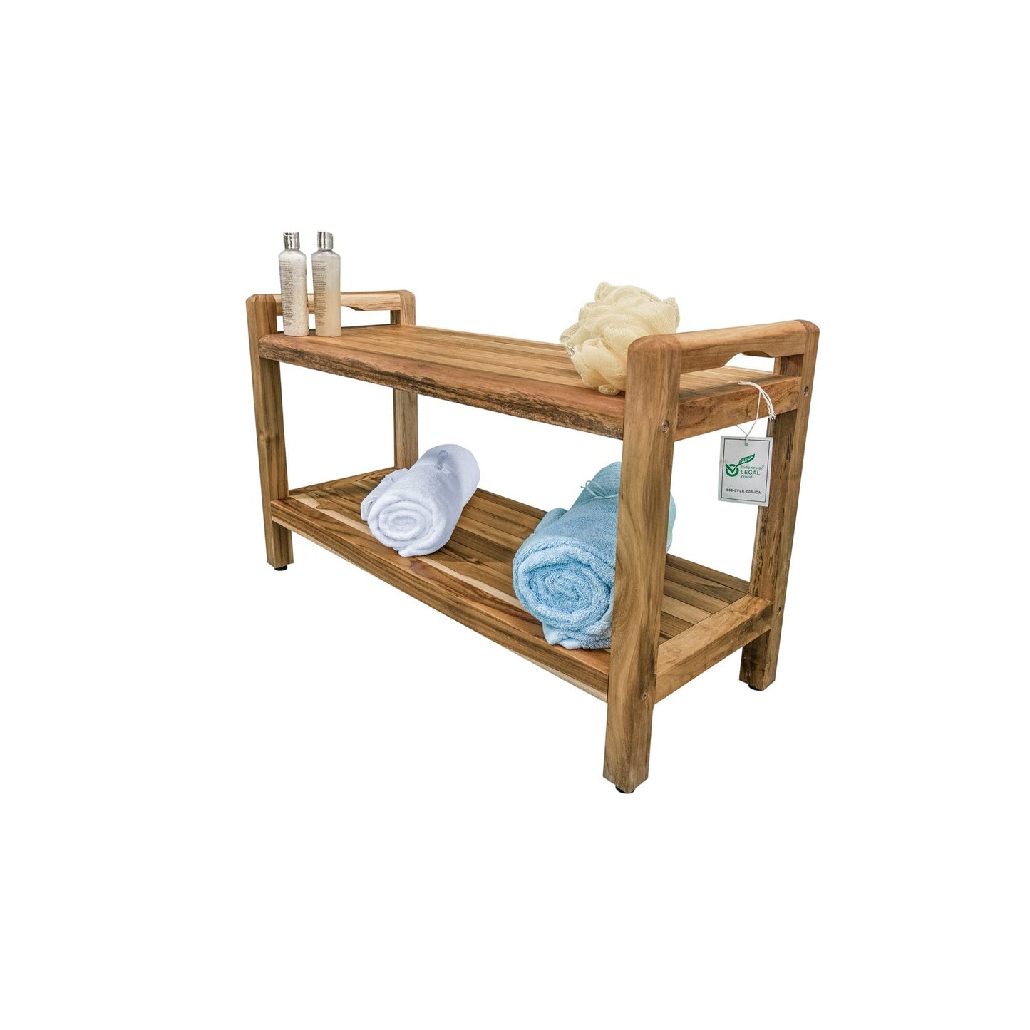 EcoDecors Eleganto 35" EarthyTeak Solid Teak Wood Shower Bench With LiftAide Arms and Shelf