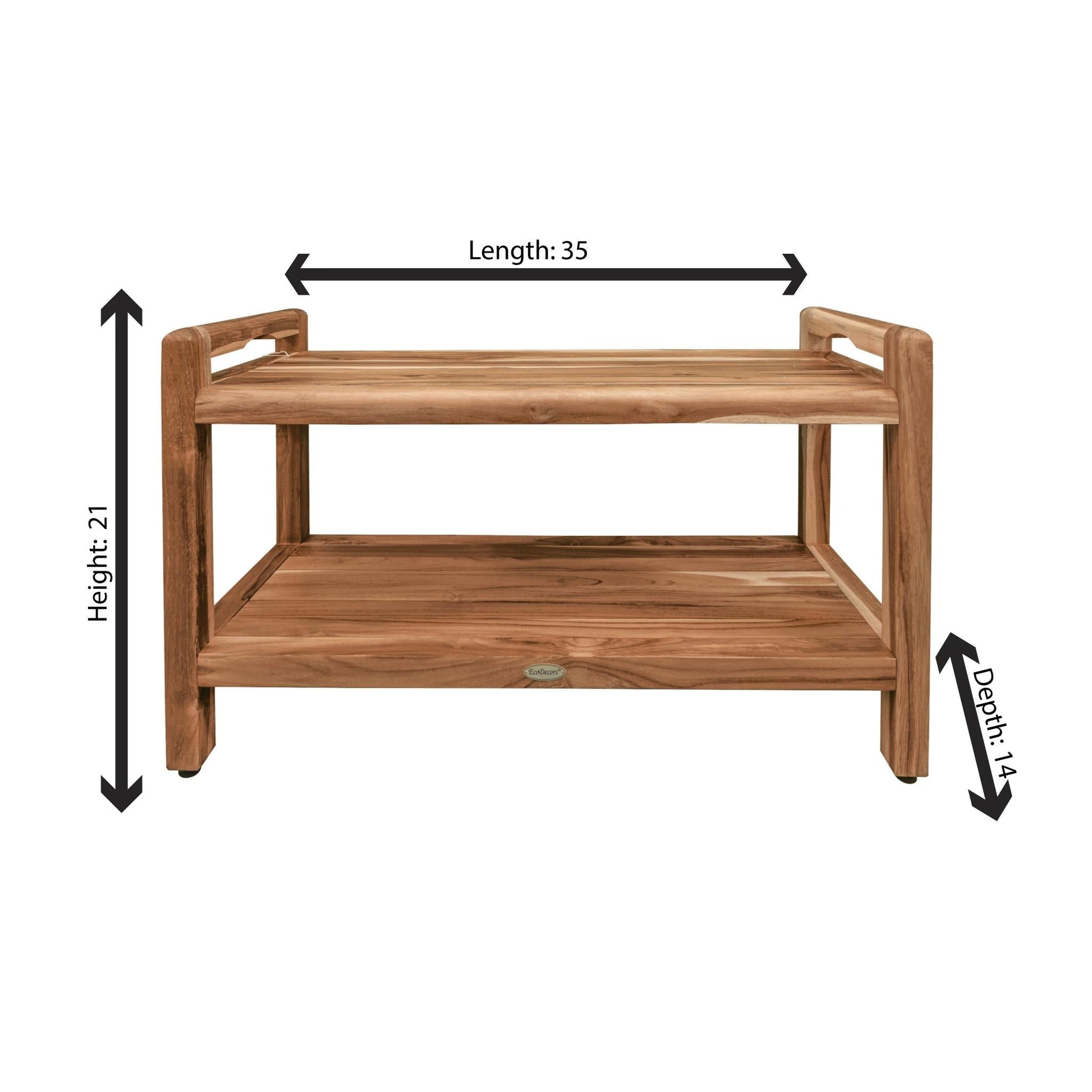 EcoDecors Eleganto 35" EarthyTeak Solid Teak Wood Shower Bench With LiftAide Arms and Shelf