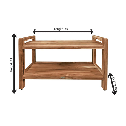 EcoDecors Eleganto 35" EarthyTeak Solid Teak Wood Shower Bench With LiftAide Arms and Shelf