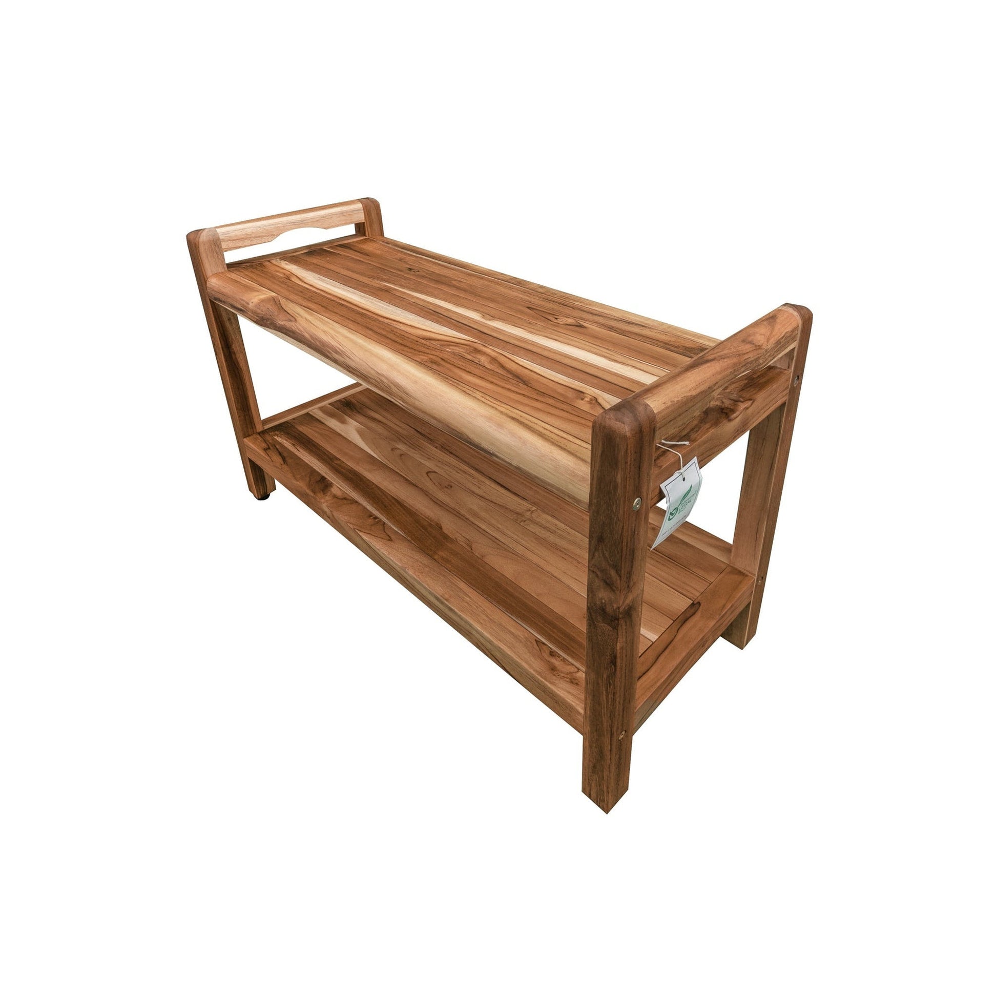 EcoDecors Eleganto 35" EarthyTeak Solid Teak Wood Shower Bench With LiftAide Arms and Shelf