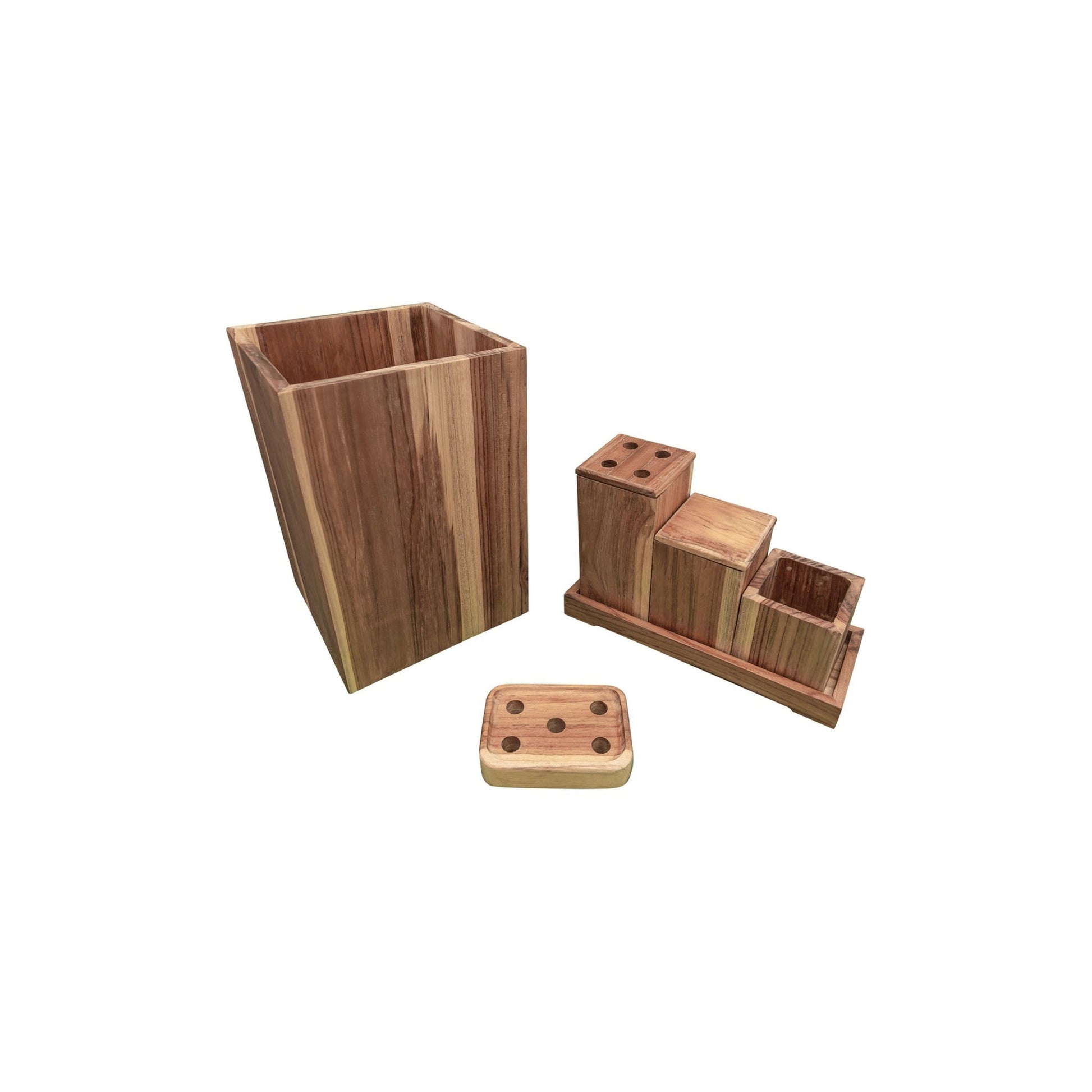 EcoDecors Eleganto 9-Piece EarthyTeak Solid Teak Wood Bathroom Amenities Organizer Set
