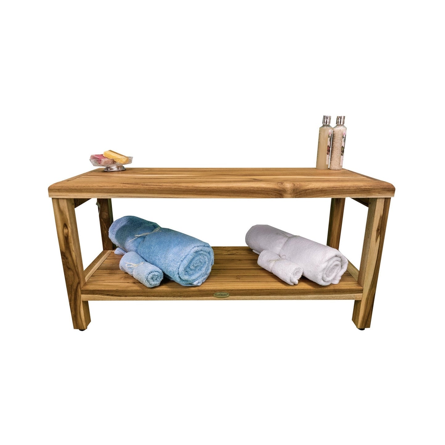 EcoDecors Eleganto EarthyTeak 35" Solid Teak Wood Shower Bench With Shelf