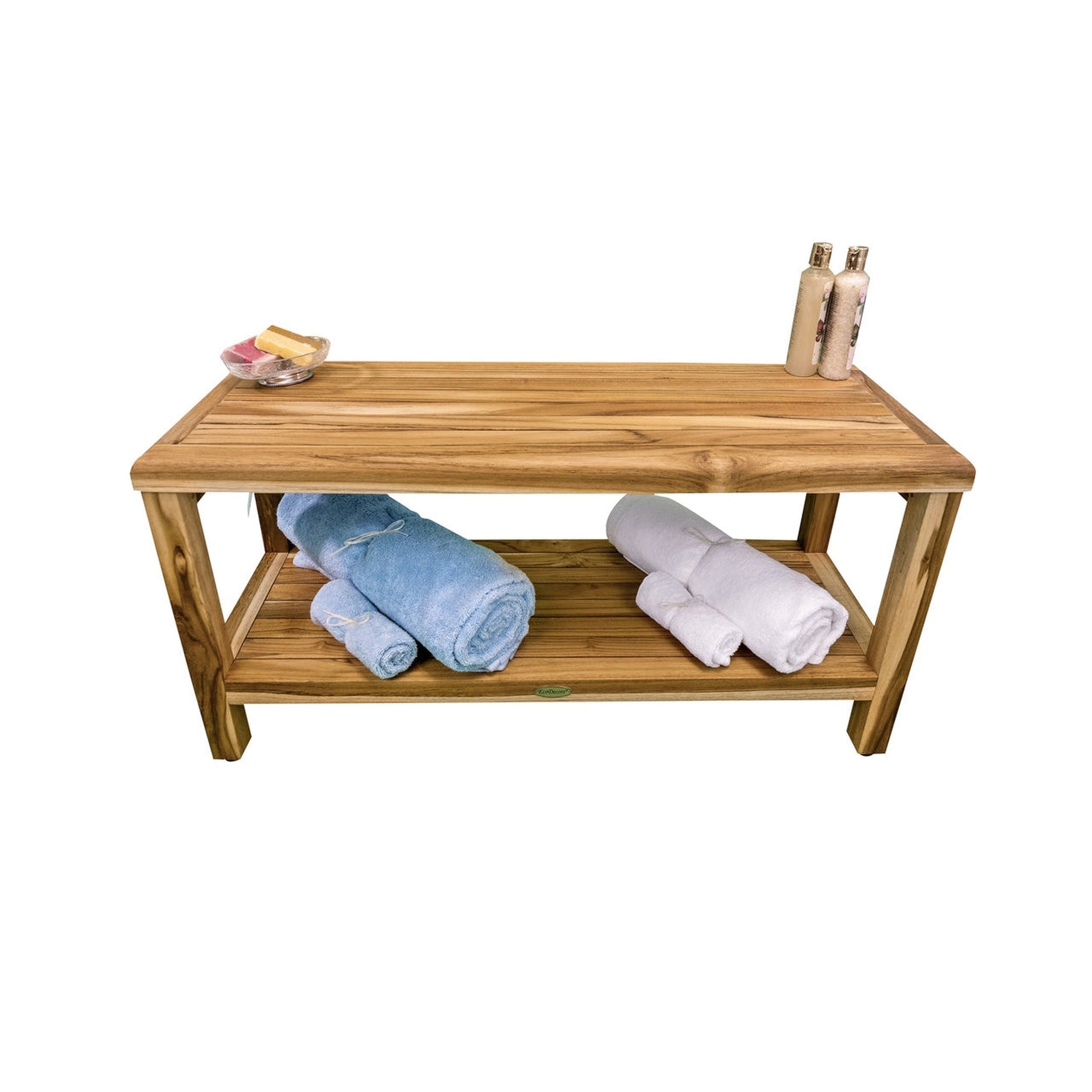 EcoDecors Eleganto EarthyTeak 35" Solid Teak Wood Shower Bench With Shelf