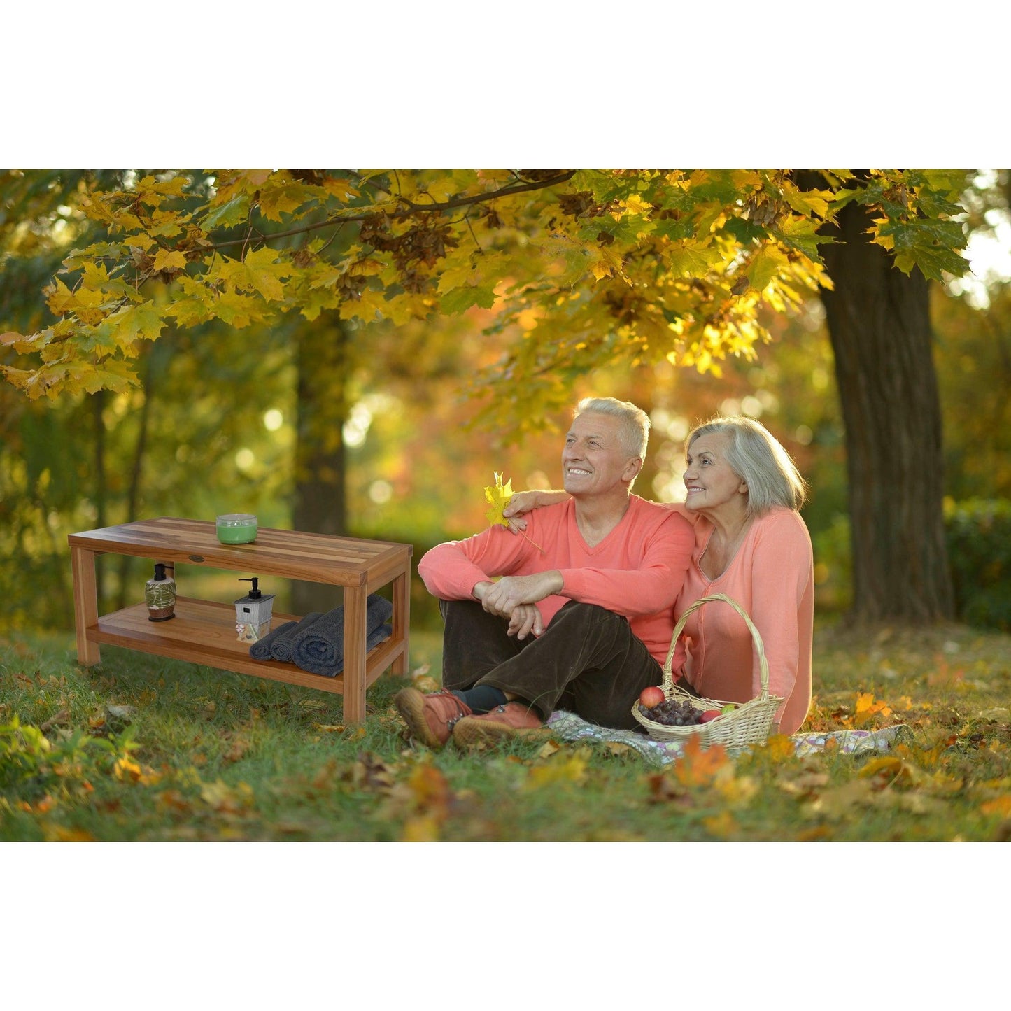 EcoDecors Eleganto EarthyTeak 35" Solid Teak Wood Shower Bench With Shelf