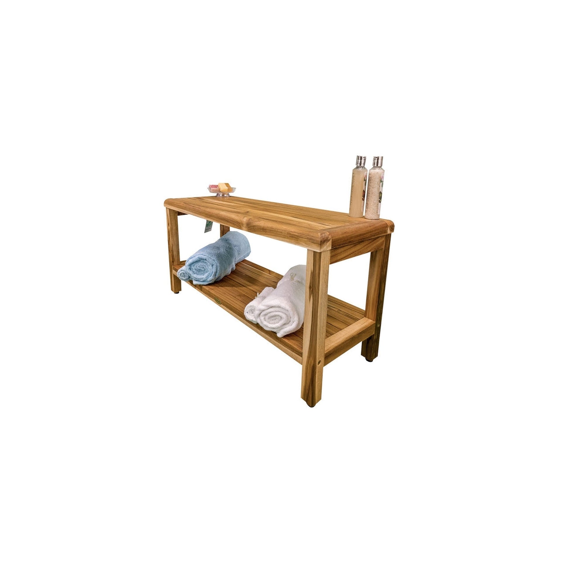 EcoDecors Eleganto EarthyTeak 35" Solid Teak Wood Shower Bench With Shelf