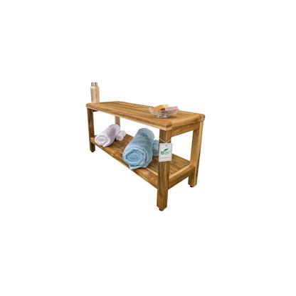 EcoDecors Eleganto EarthyTeak 35" Solid Teak Wood Shower Bench With Shelf