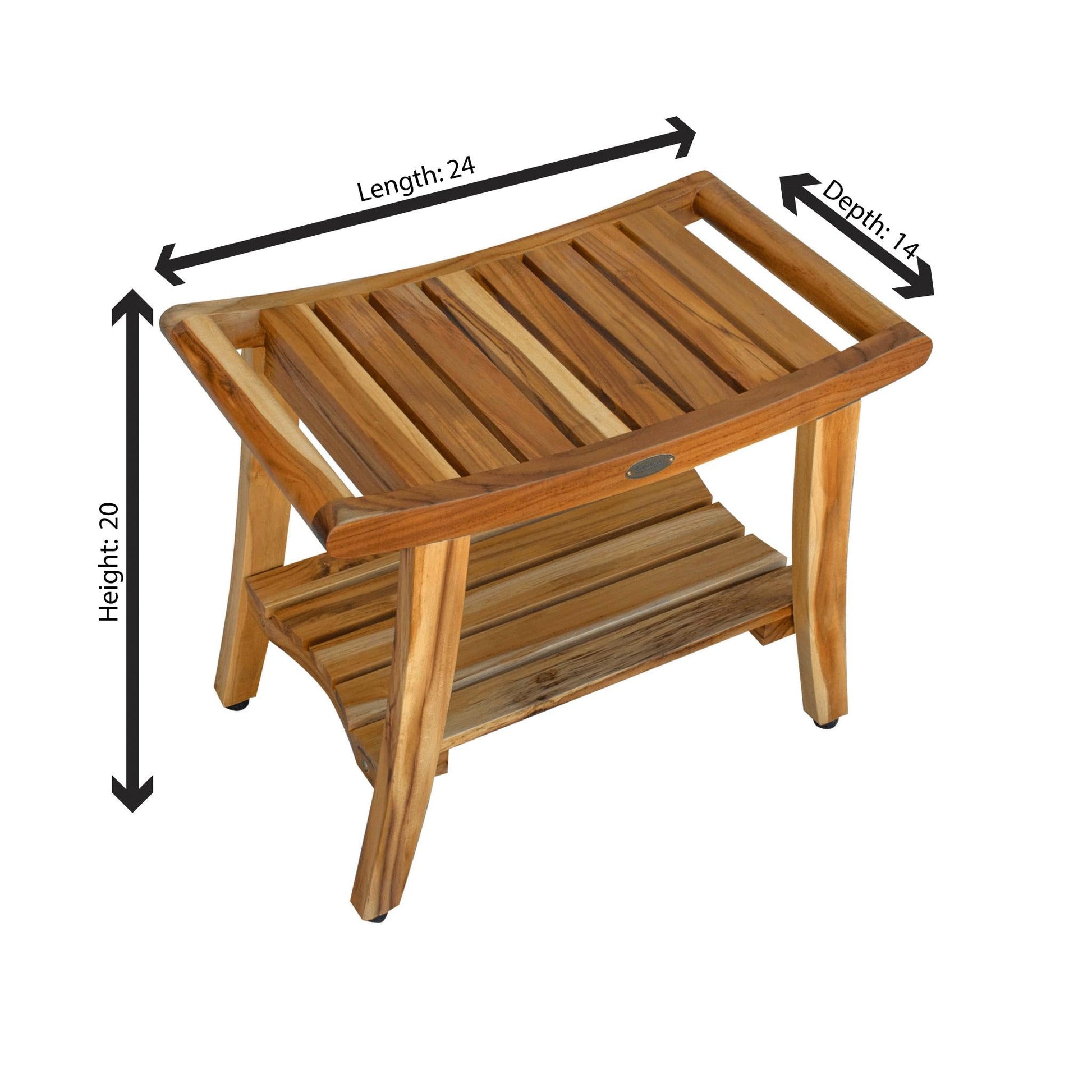 EcoDecors Harmony 24" EarthyTeak Solid Teak Wood Shower Bench With Shelf and LiftAide Arms