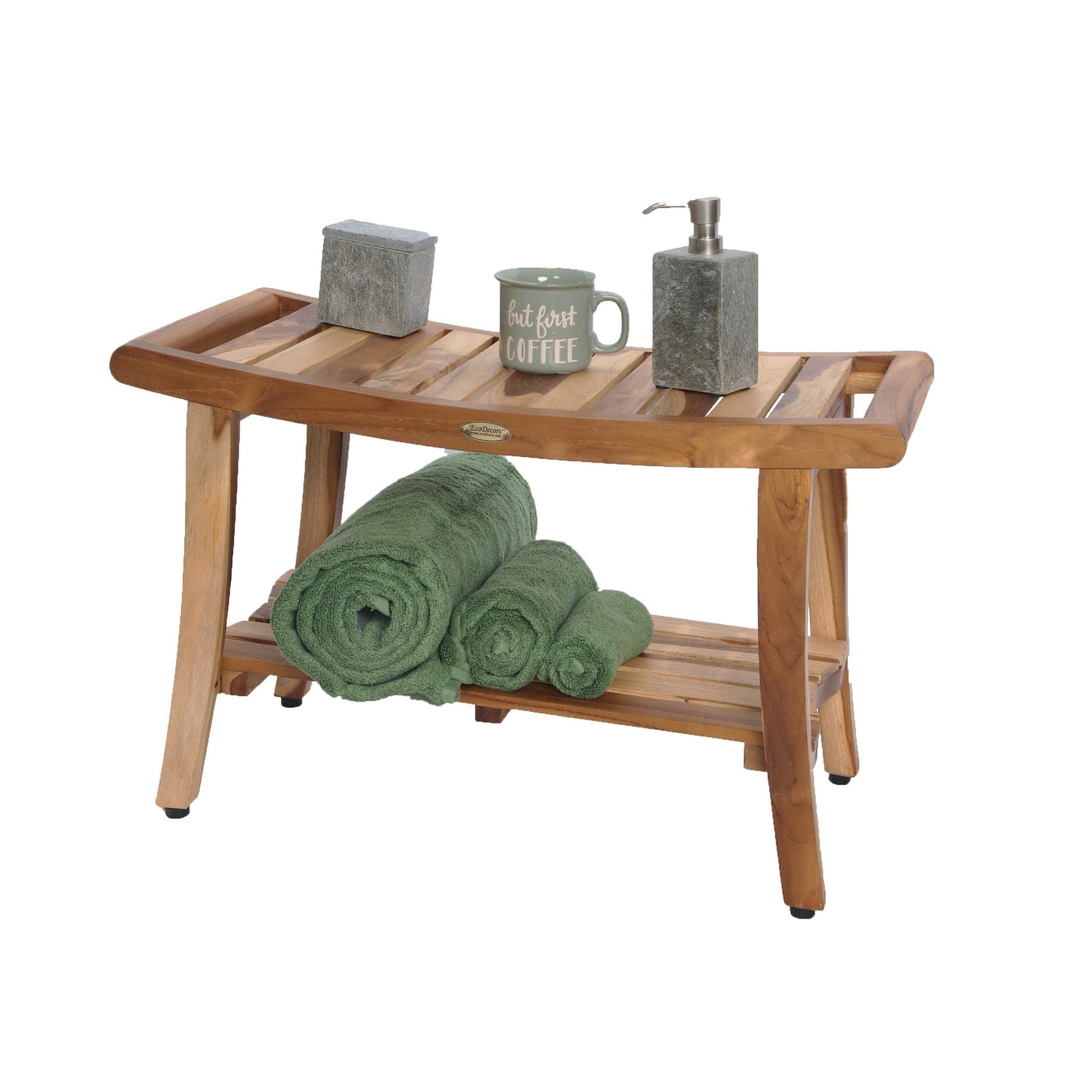 EcoDecors Harmony 30" EarthyTeak Solid Teak Wood Shower Bench With Shelf and LiftAide Arms