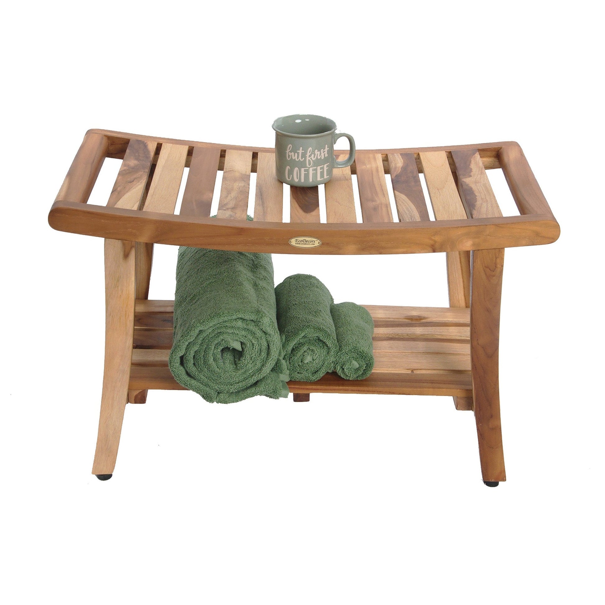 EcoDecors Harmony 30" EarthyTeak Solid Teak Wood Shower Bench With Shelf and LiftAide Arms