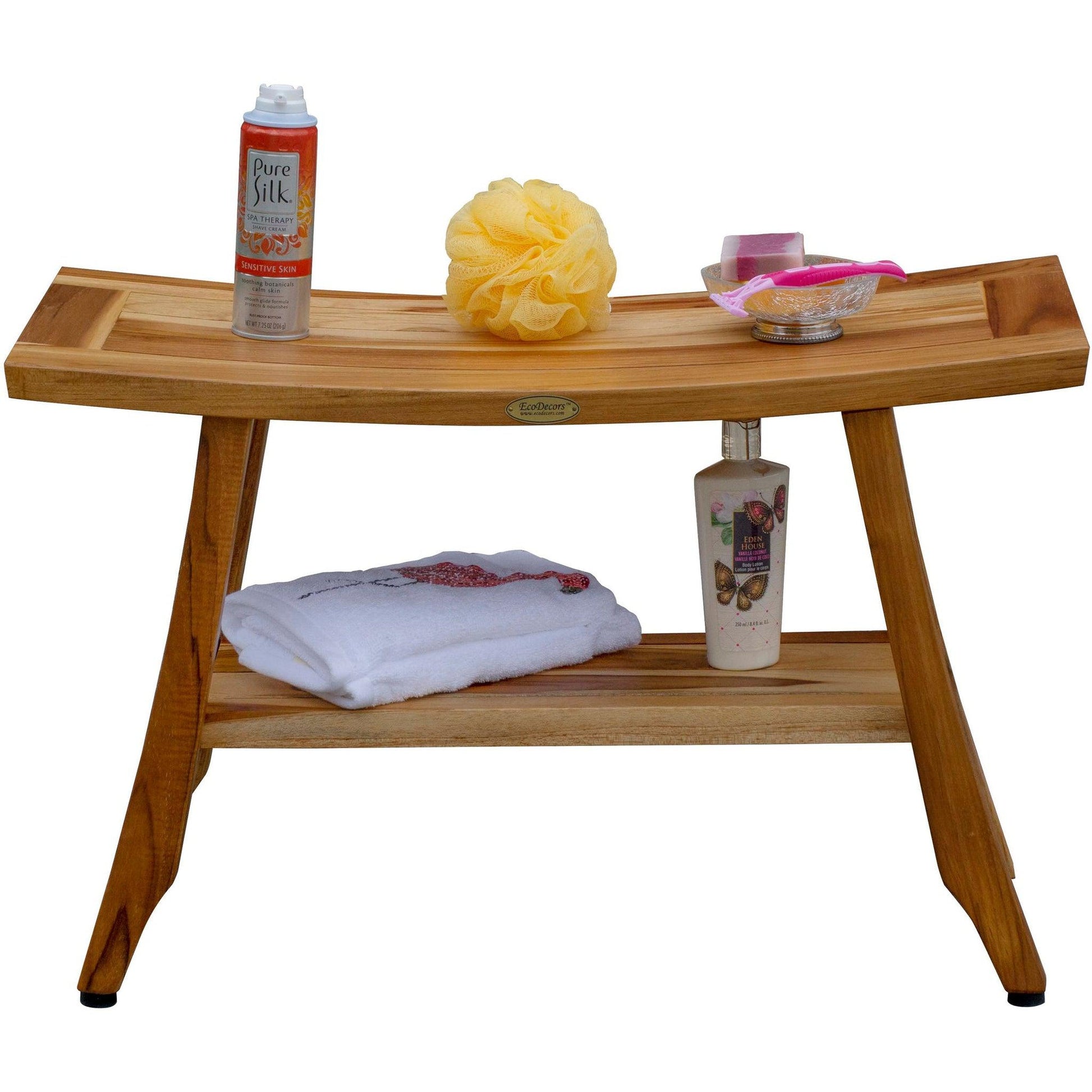 EcoDecors Satori 28" EarthyTeak Solid Teak Wood Shower Bench With Shelf