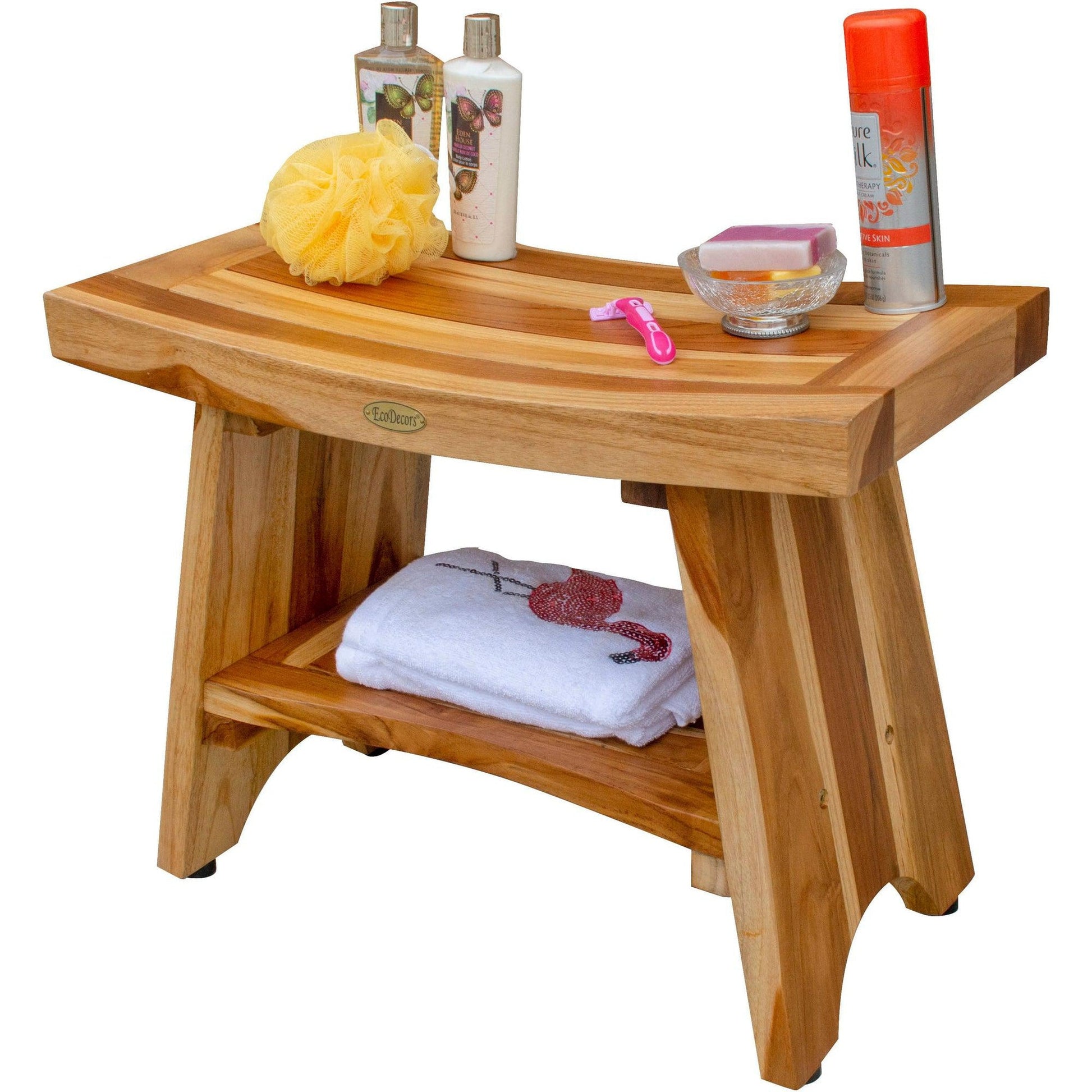 24 Serenity ED966 Wide Teak Shower Bench with Shelf - EcoDecors