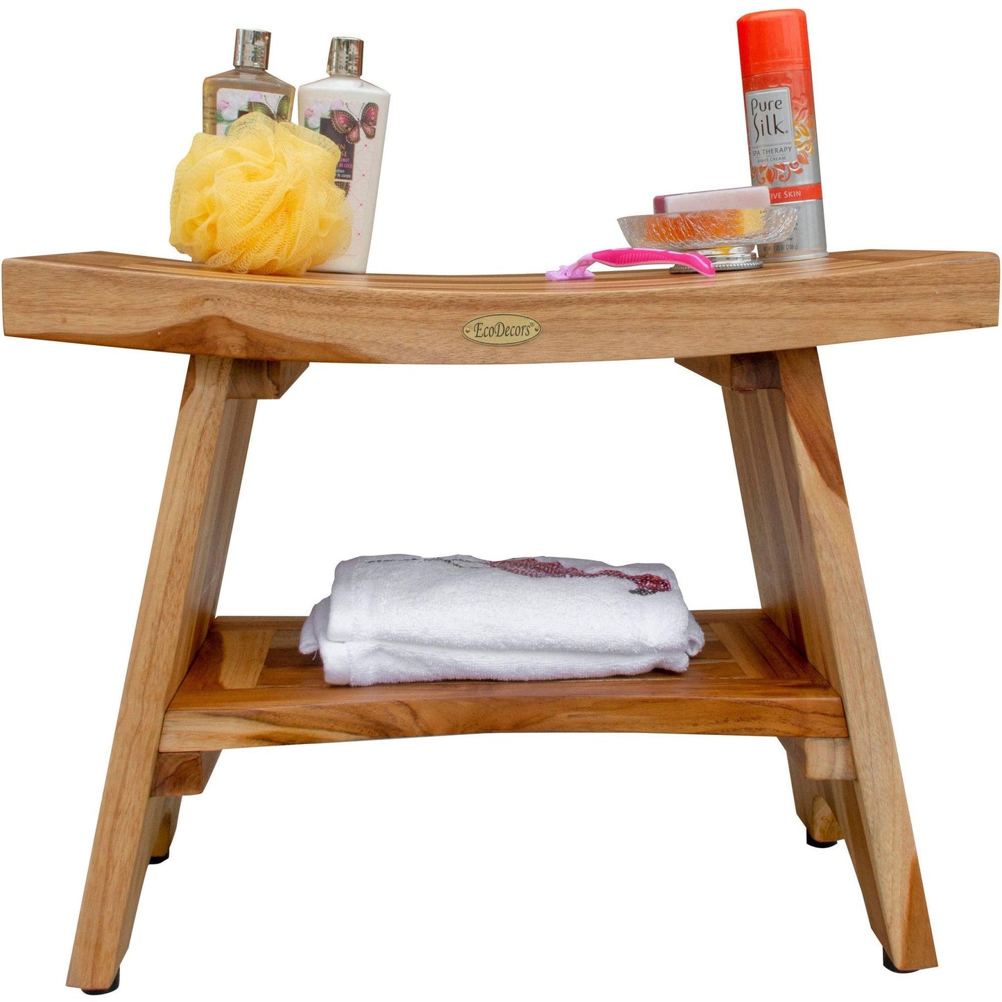 EcoDecors Serenity 24" EarthyTeak Solid Teak Wood Shower Bench With Shelf