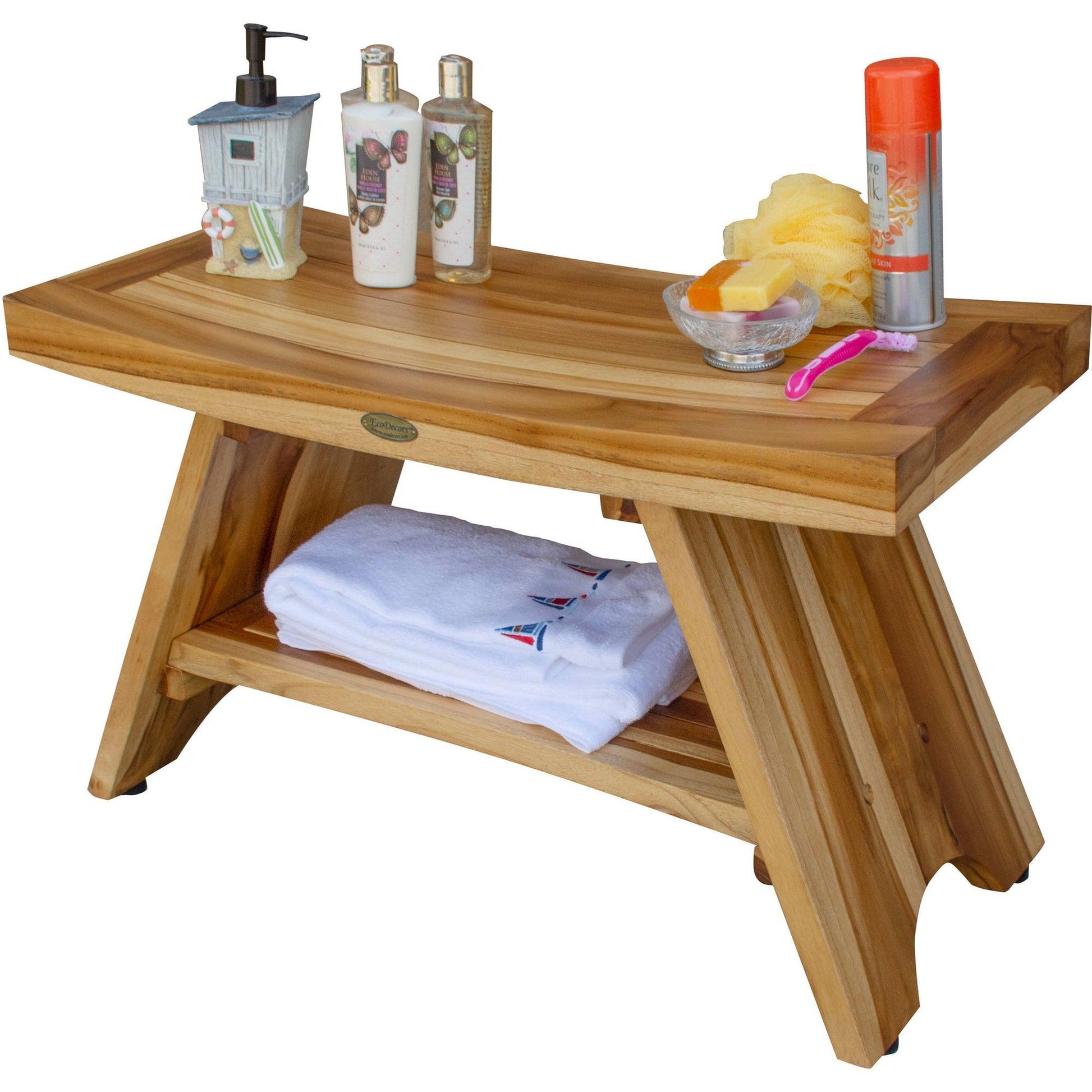 EcoDecors Serenity 30" EarthyTeak Solid Teak Wood Shower Bench With Shelf