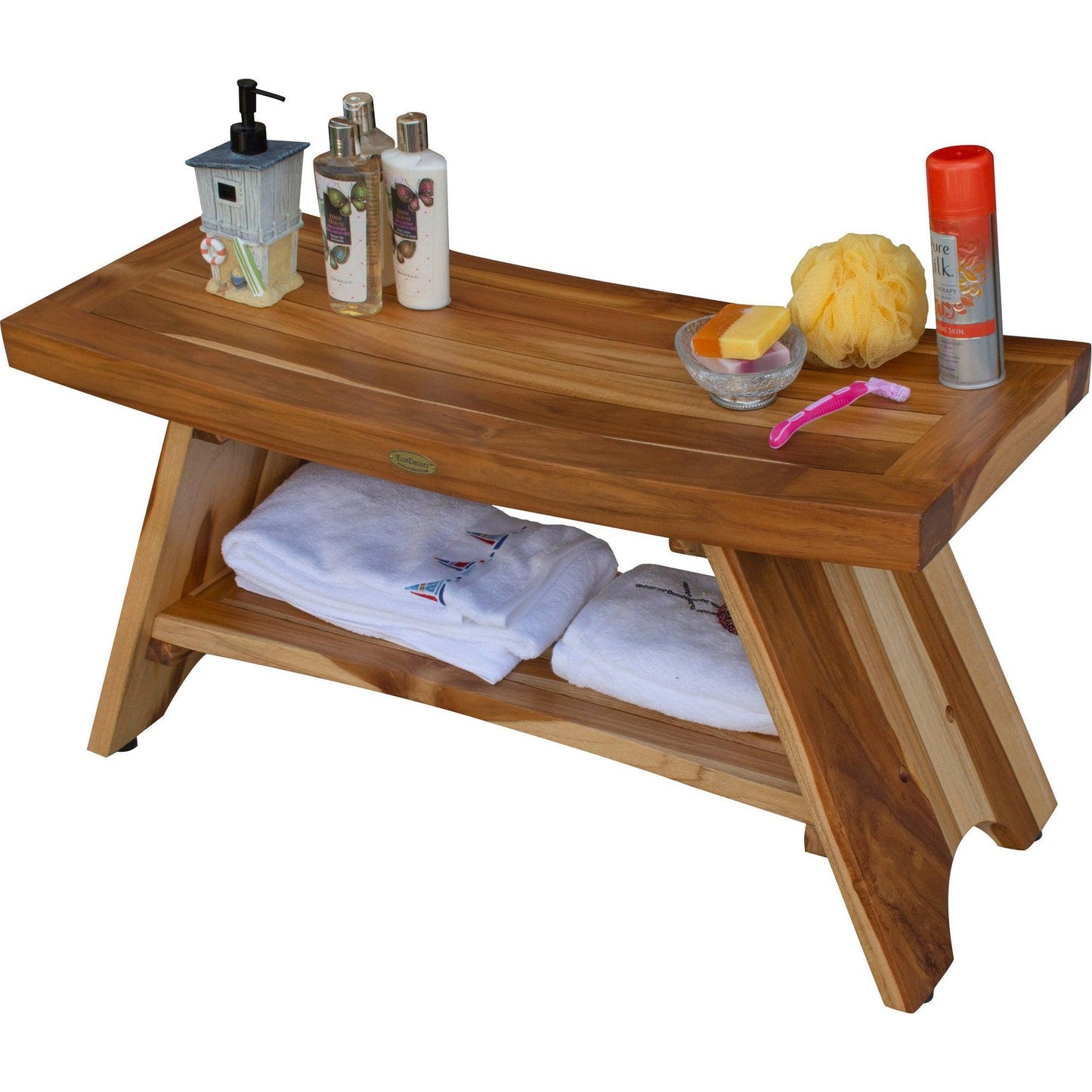 EcoDecors Serenity 35" EarthyTeak Solid Teak Wood Shower Bench With Shelf