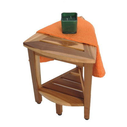 EcoDecors SnazzyCorner 13" x 18" EarthyTeak Solid Teak Wood Curved Corner Shower Bench With Shelf