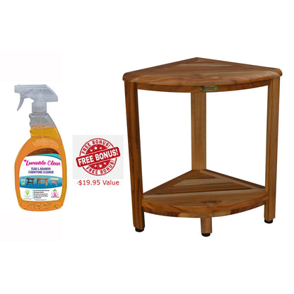 EcoDecors SnazzyCorner 17" x 18" EarthyTeak Solid Teak Wood Wide Shower Bench With Shelf and Teak Cleaner