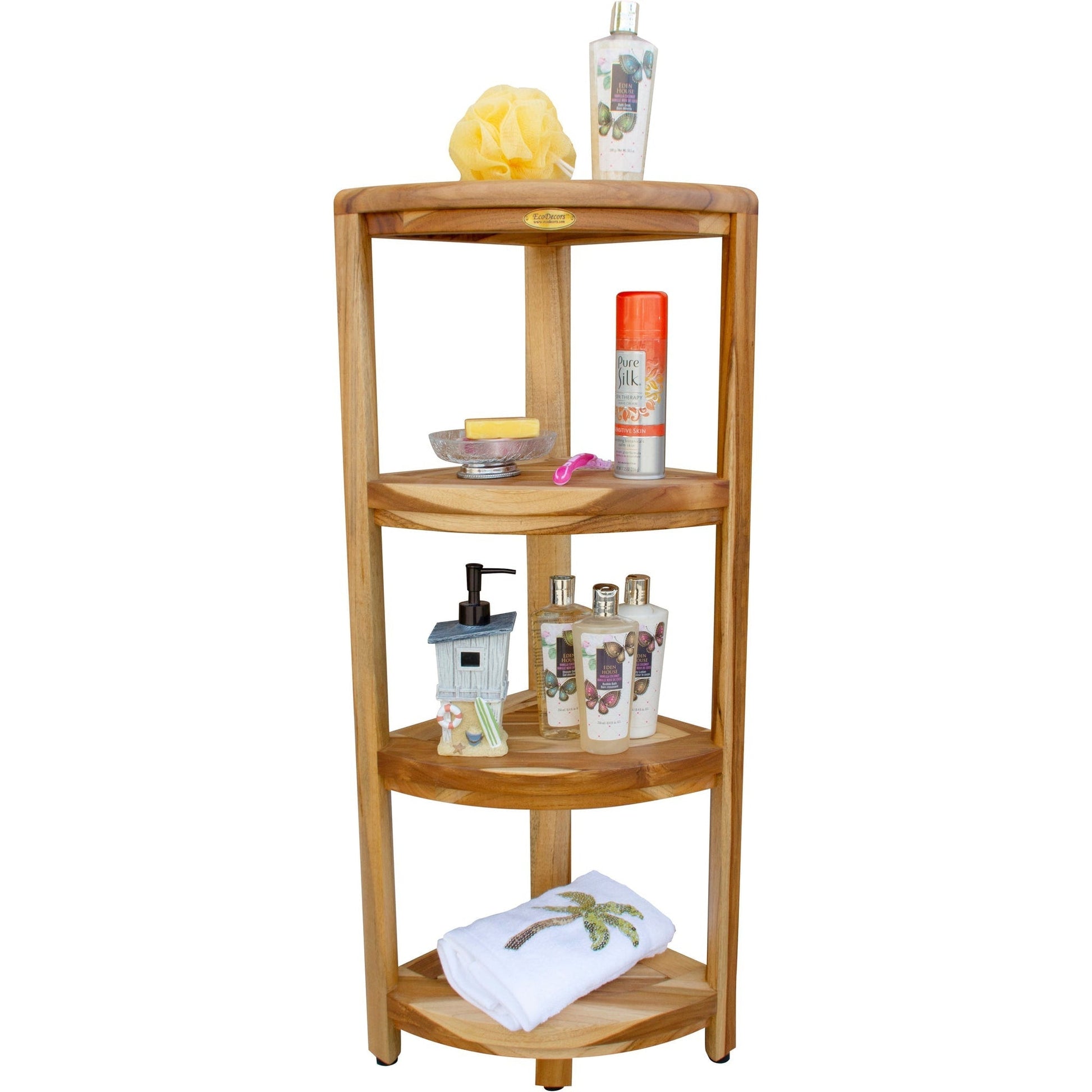 EcoDecors SnazzyCorner 38" EarthyTeak Solid Teak Wood Corner Shower Shelf