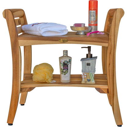 EcoDecors Symmetry 24" EarthyTeak Solid Teak Wood Shower Bench With Shelf and LiftAide Arms