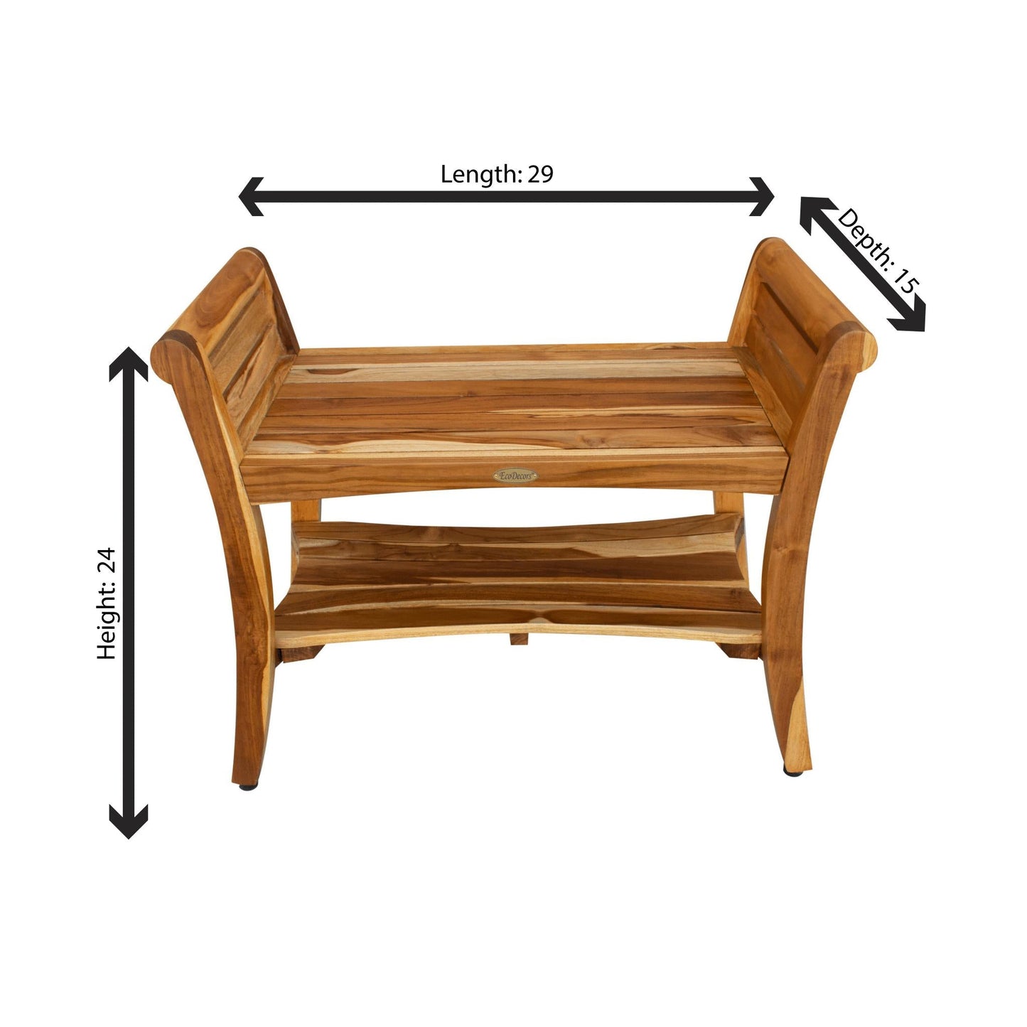 EcoDecors Symmetry 29" EarthyTeak Solid Teak Wood Shower Bench With Shelf and LiftAide Arms
