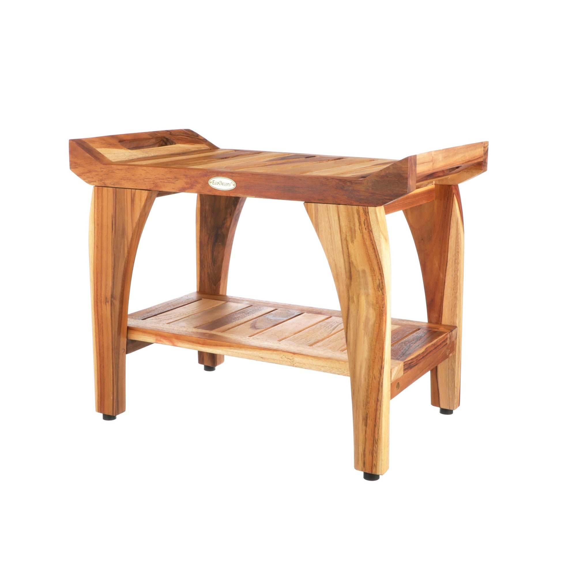 EcoDecors Tranquility 24" EarthyTeak Solid Teak Wood Shower Bench With Shelf and LiftAide Arms