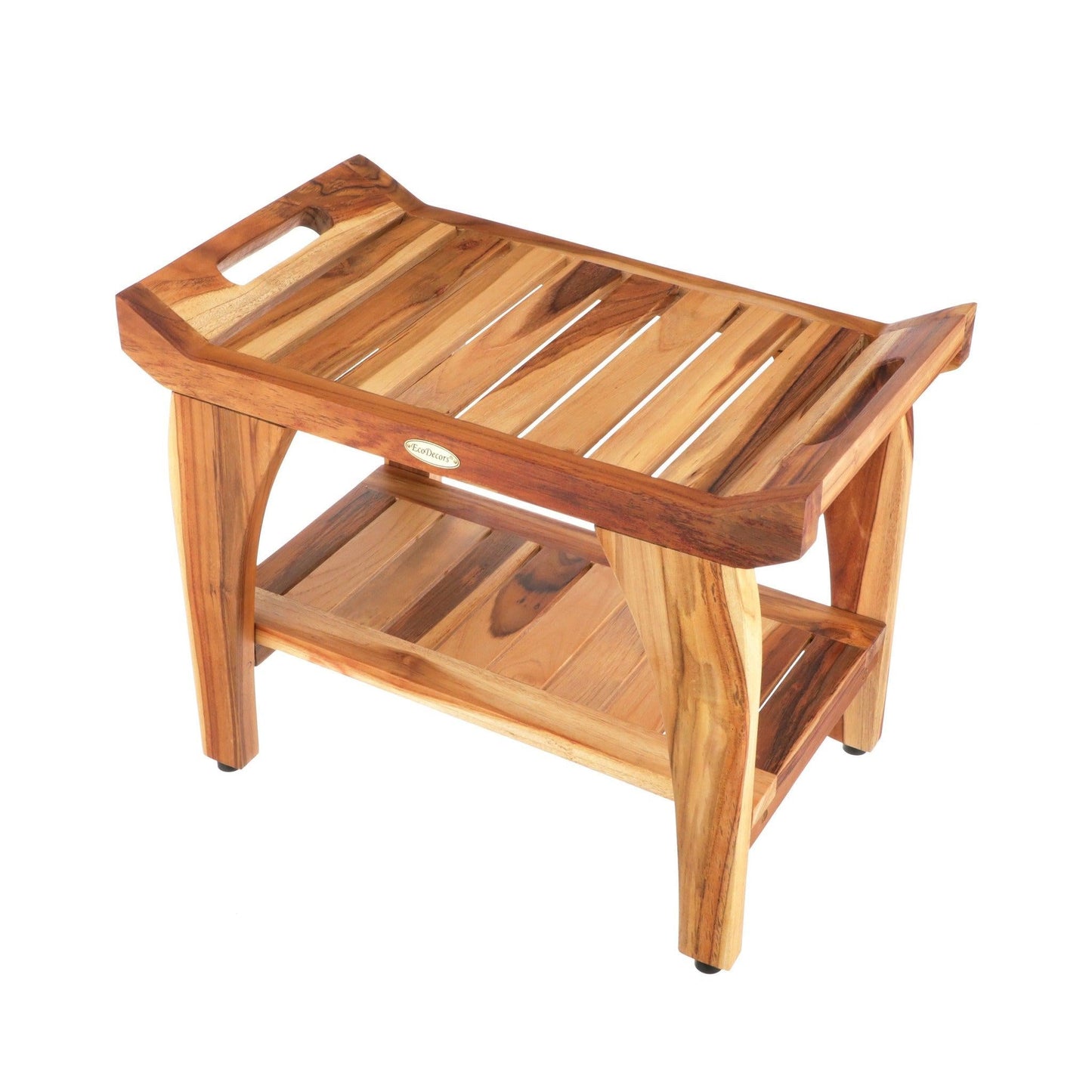 EcoDecors Tranquility 24" EarthyTeak Solid Teak Wood Shower Bench With Shelf and LiftAide Arms