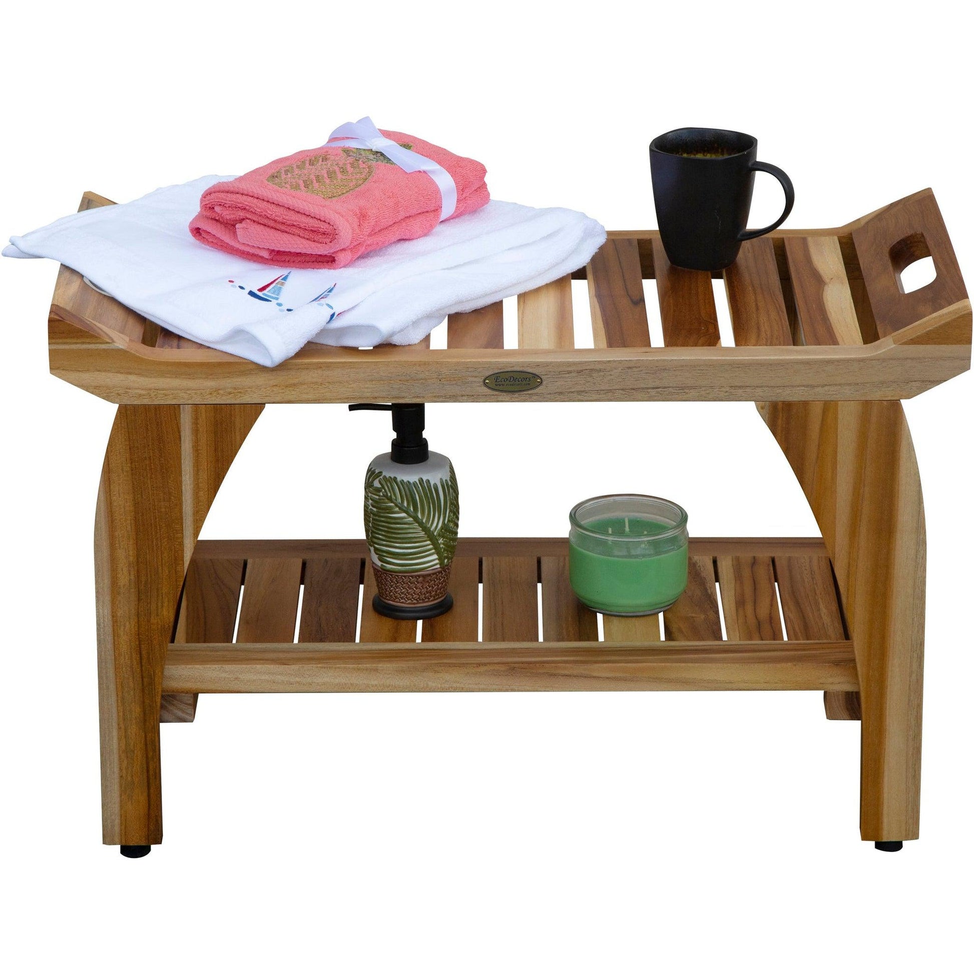 EcoDecors Tranquility 29" EarthyTeak Solid Teak Wood Shower Bench With Shelf and LiftAide Arms
