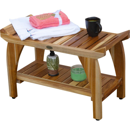 EcoDecors Tranquility 29" EarthyTeak Solid Teak Wood Shower Bench With Shelf and LiftAide Arms