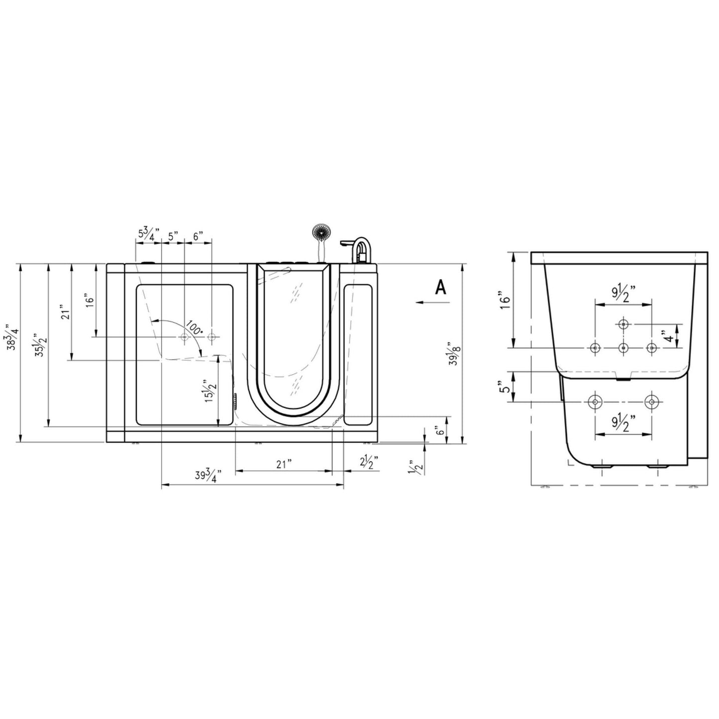 Ella's Bubbles Deluxe 30" x 55" White Acrylic Air and Hydro Massage Walk-In Bathtub With 5-Piece Fast Fill Faucet, 2" Dual Drain and Left Inward Swing Door