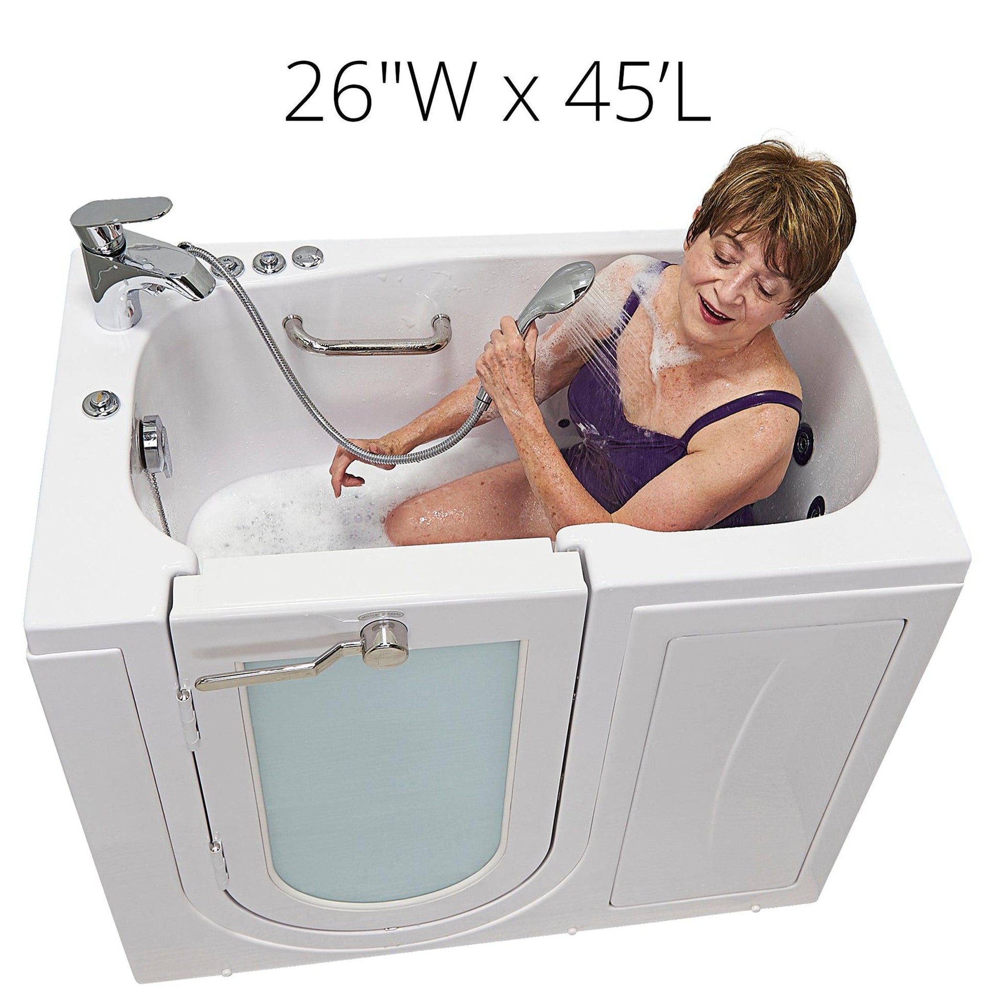 Ella's Bubbles Mobile 26" x 45" White Acrylic Air and Hydro Massage Walk-In Bathtub With 2 Piece Fast Fill Faucet, 2" Dual Drain and Left Outward Swing Door