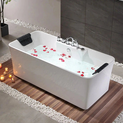 Empava 59" 2-Person White Freestanding Rectangular Whirlpool Tub With Center Drain