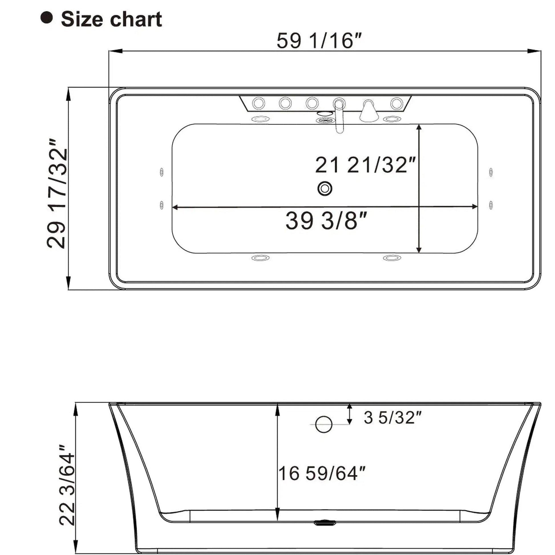 Empava 59" 2-Person White Freestanding Rectangular Whirlpool Tub With Center Drain