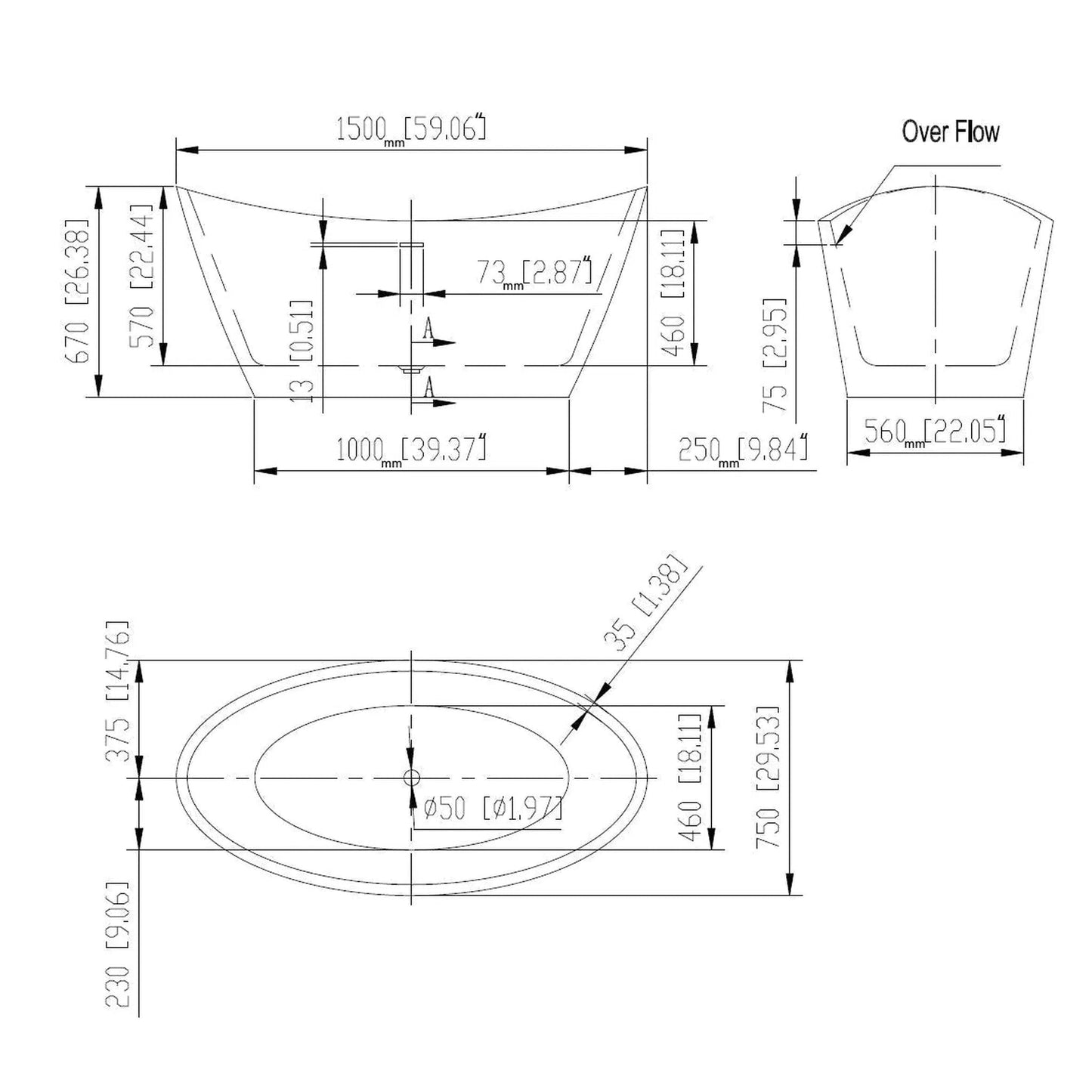 Empava 59" Glossy White Freestanding Oval Soaking Bathtub With Center Drain