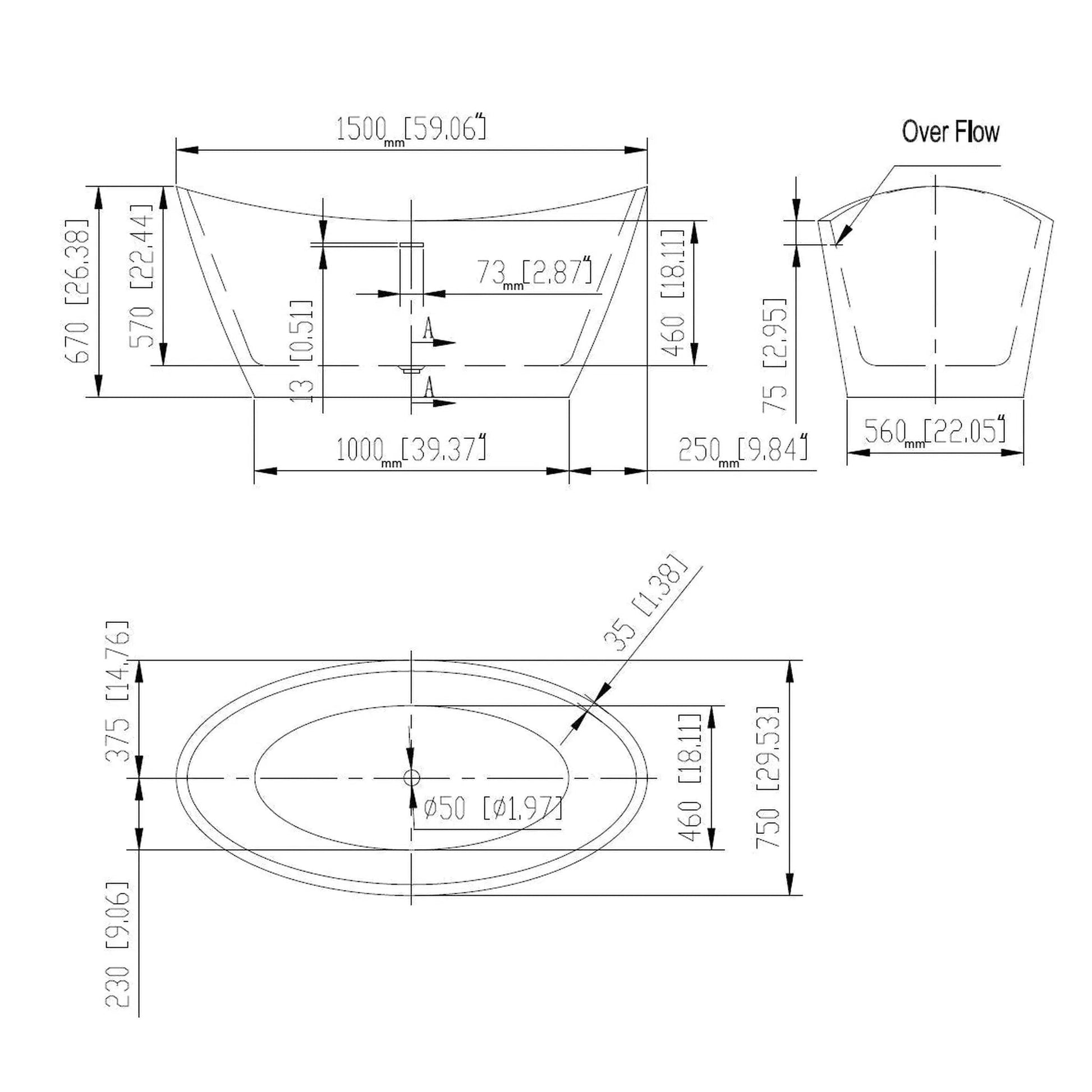 Empava 59" Glossy White Freestanding Oval Soaking Bathtub With Center Drain